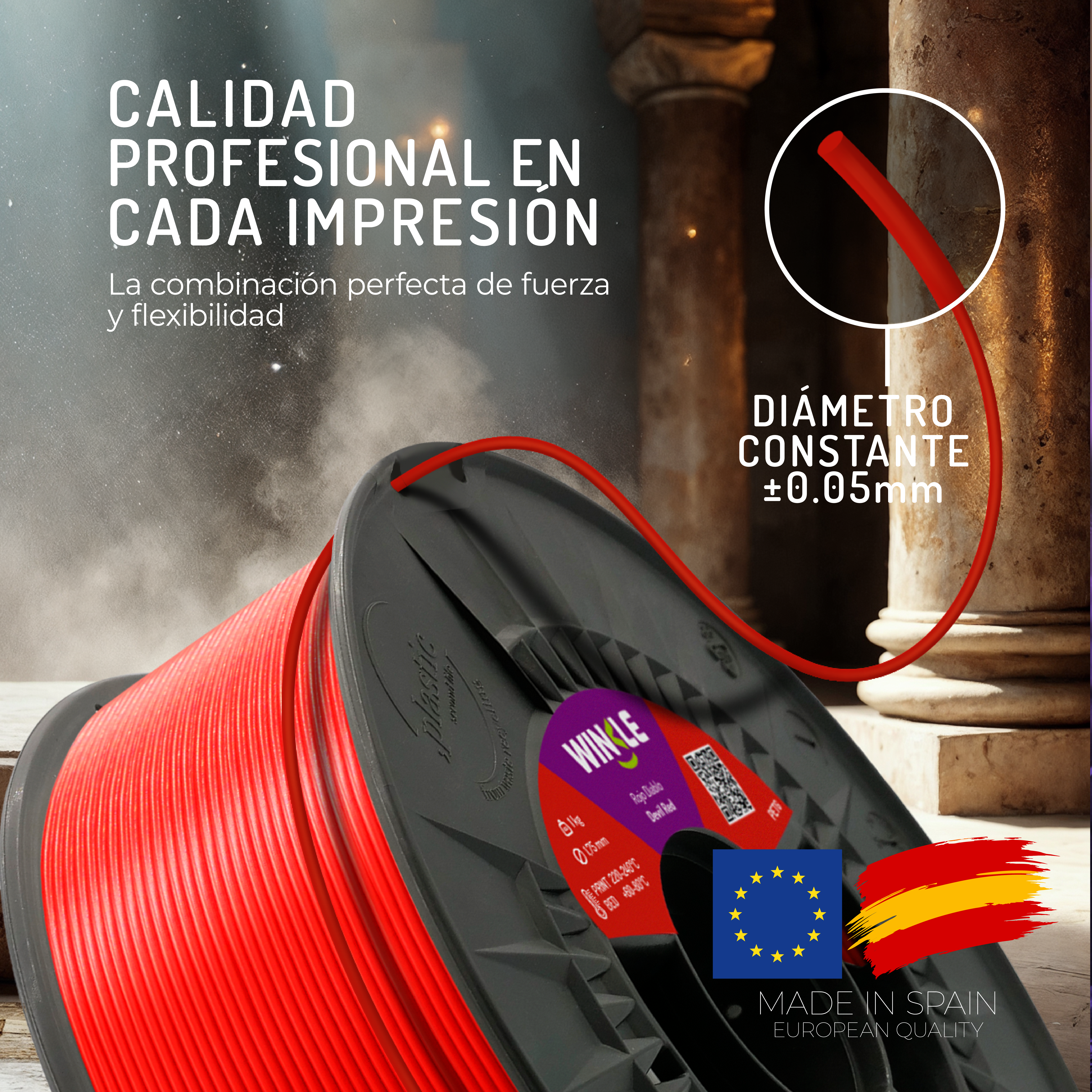 Rollo de impresora 3D rojo con texto y bandera española.