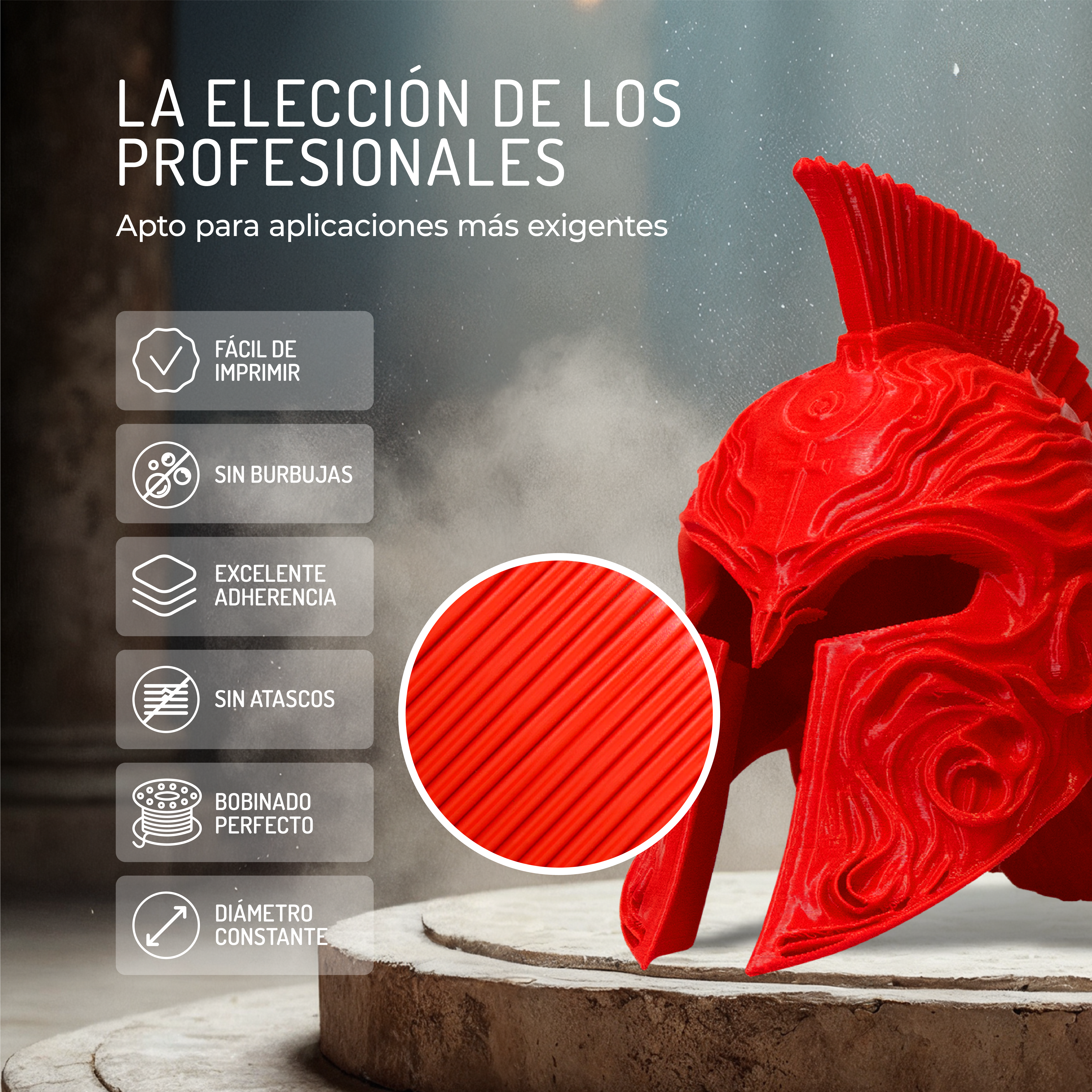 Casco rojo impreso en 3D con texto e íconos que enumeran beneficios.