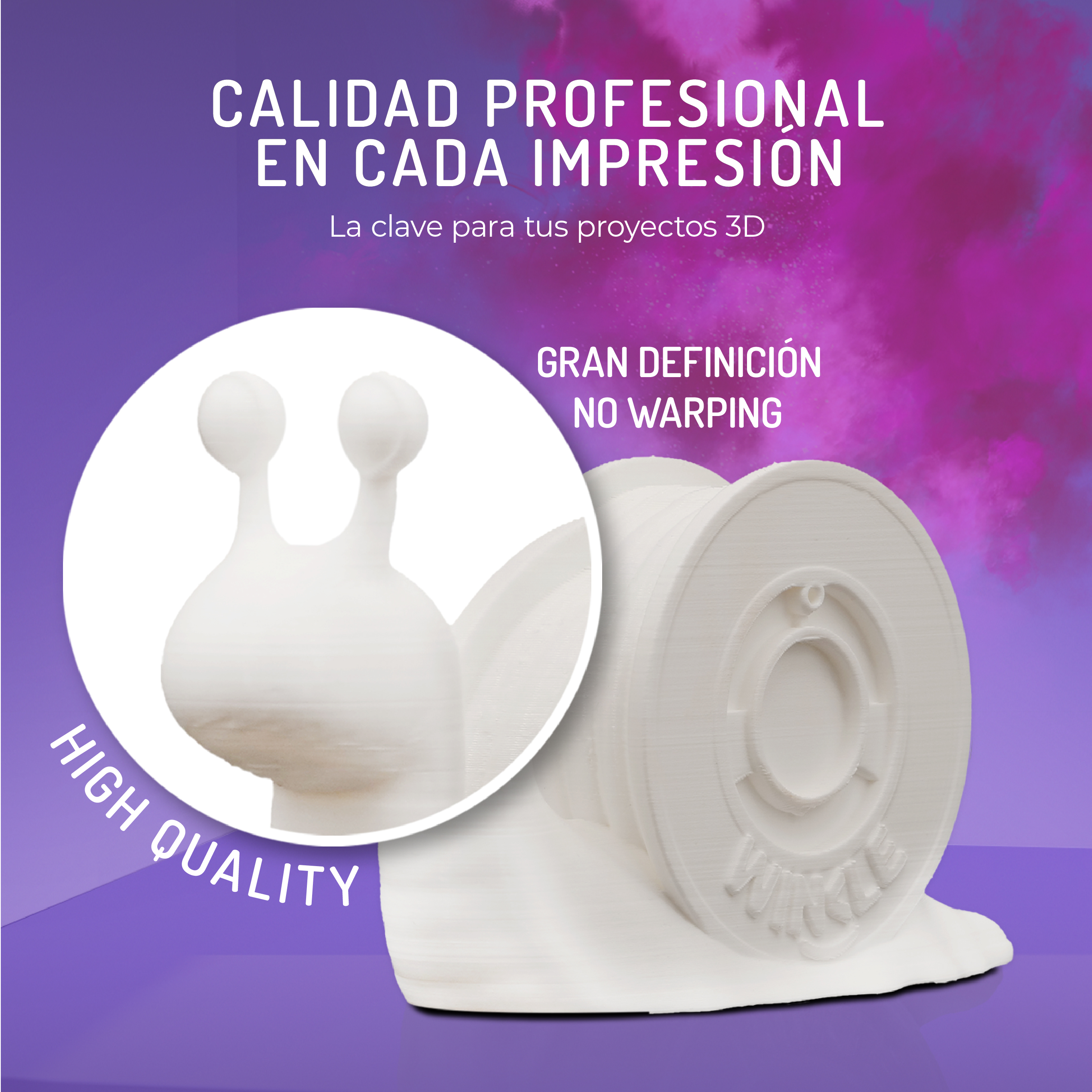Una impresión 3D blanca de un caracol y una bobina sobre fondo morado.