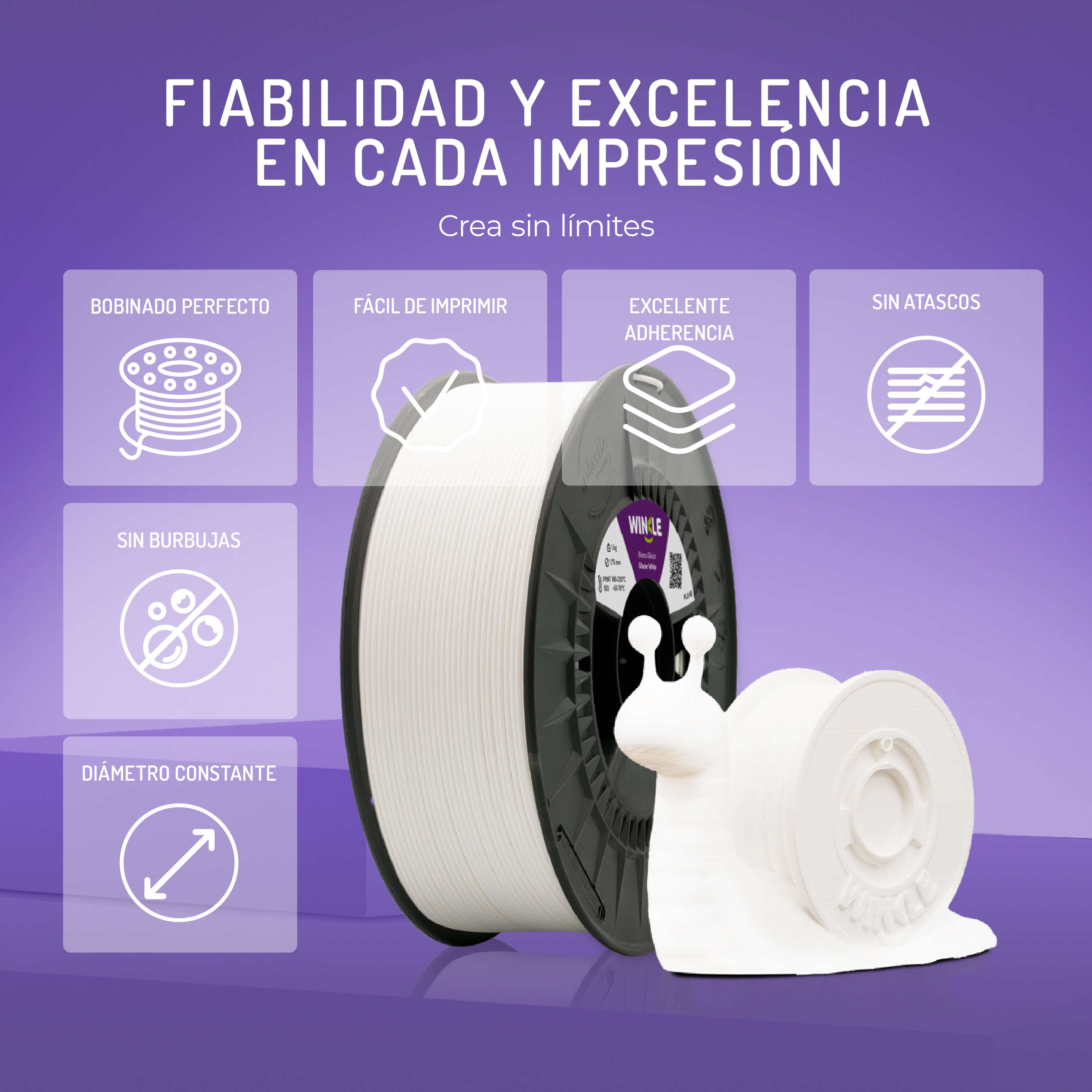 Un carrete de filamento blanco 3D y un caracol blanco sobre fondo morado.