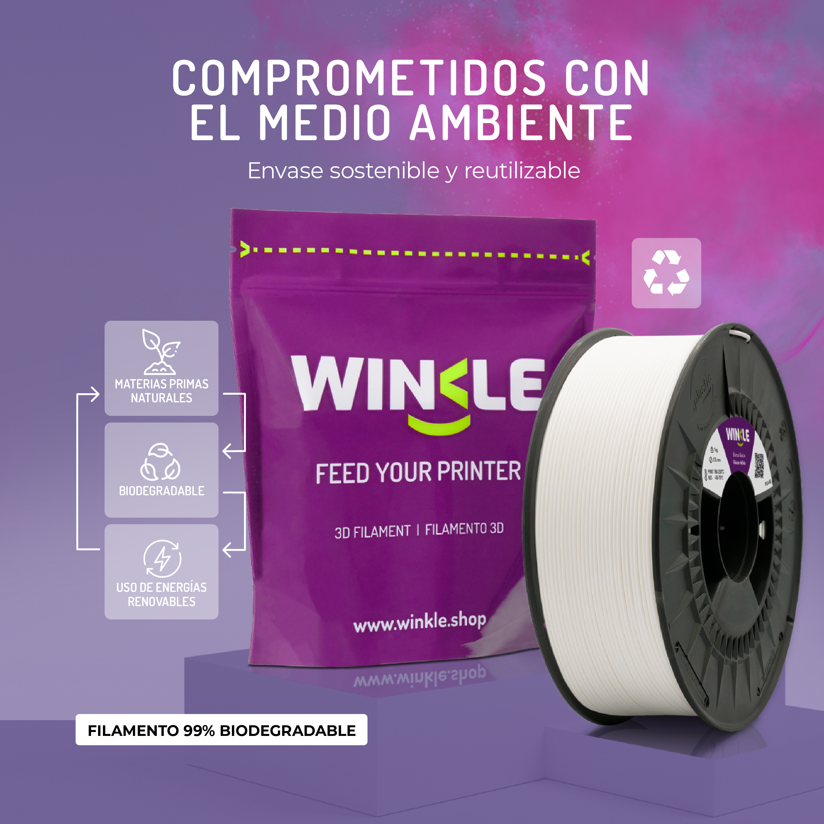 Un carrete de filamento 3D blanco junto a un paquete morado con iconos ecológicos.