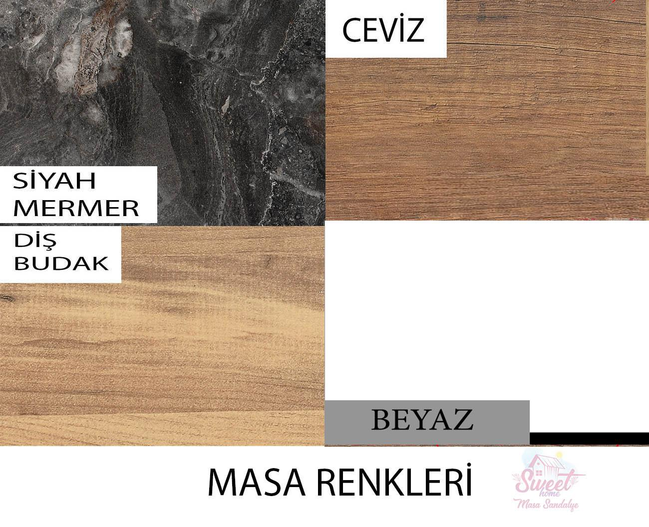 Dört desen: Siyah mermer, ceviz ağacı, dış budak ve beyaz.