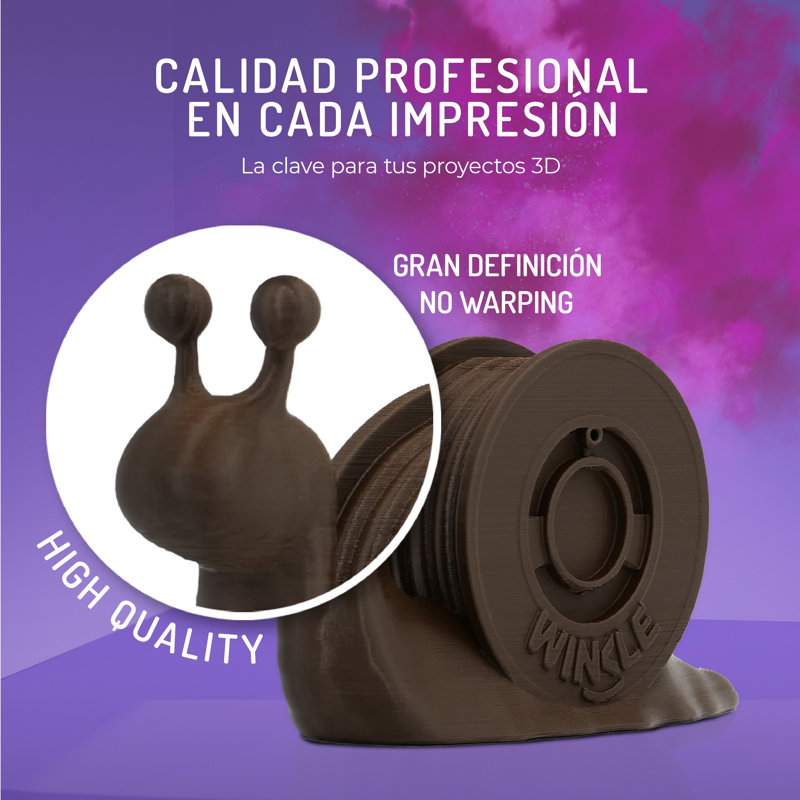 Bobina impresa en 3D con diseño de caracol, alta calidad y definición.