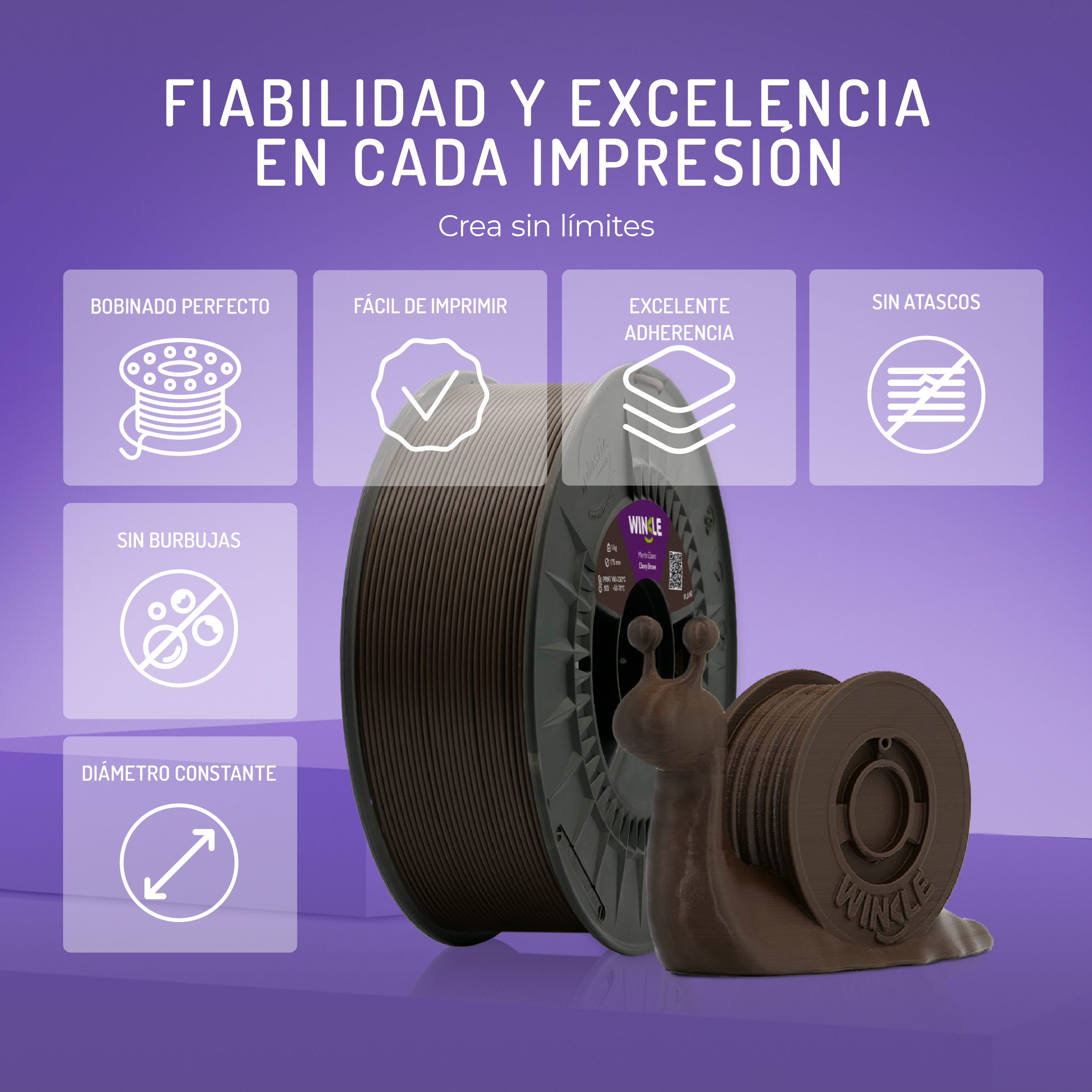 Un carrete de filamento marrón con una figura de caracol delante. Fondo morado.