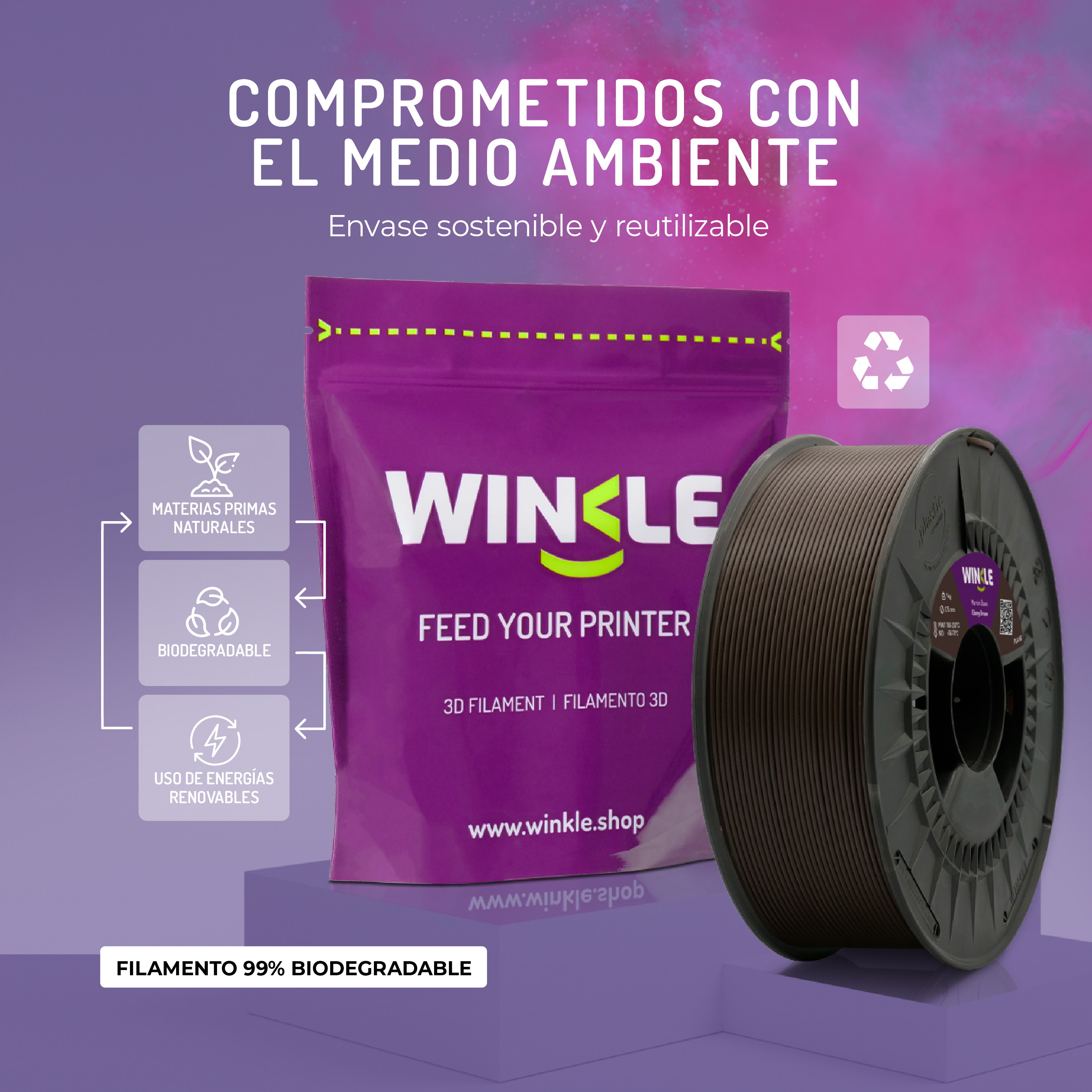 Una bobina de filamento 3D marrón junto a un paquete morado con el logo WINKLE.