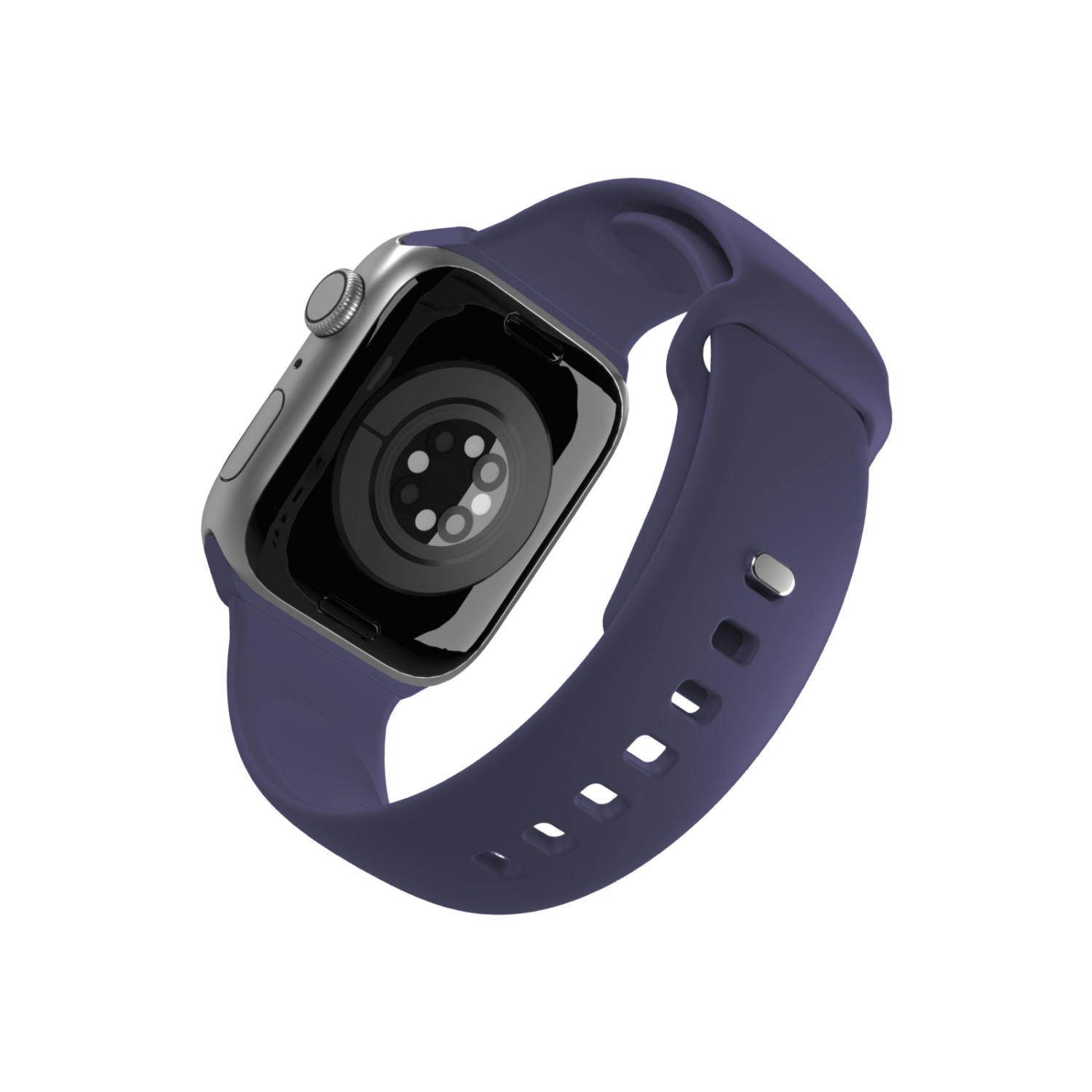 Un reloj inteligente azul oscuro con carcasa plateada, flotando sobre fondo blanco.