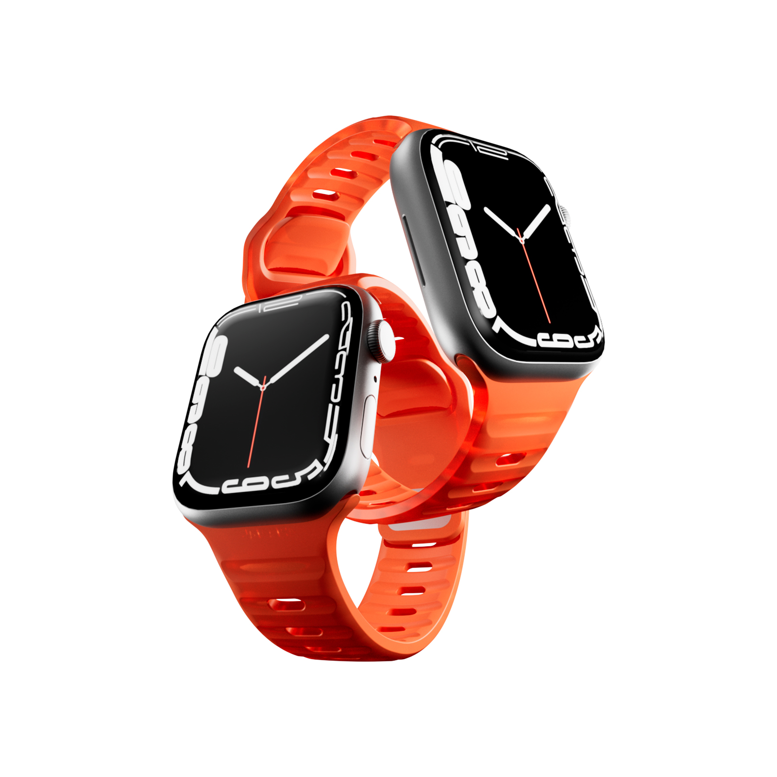 Dos smartwatches con correa naranja, esfera negra y caja plateada, puestas una al lado de la otra.
