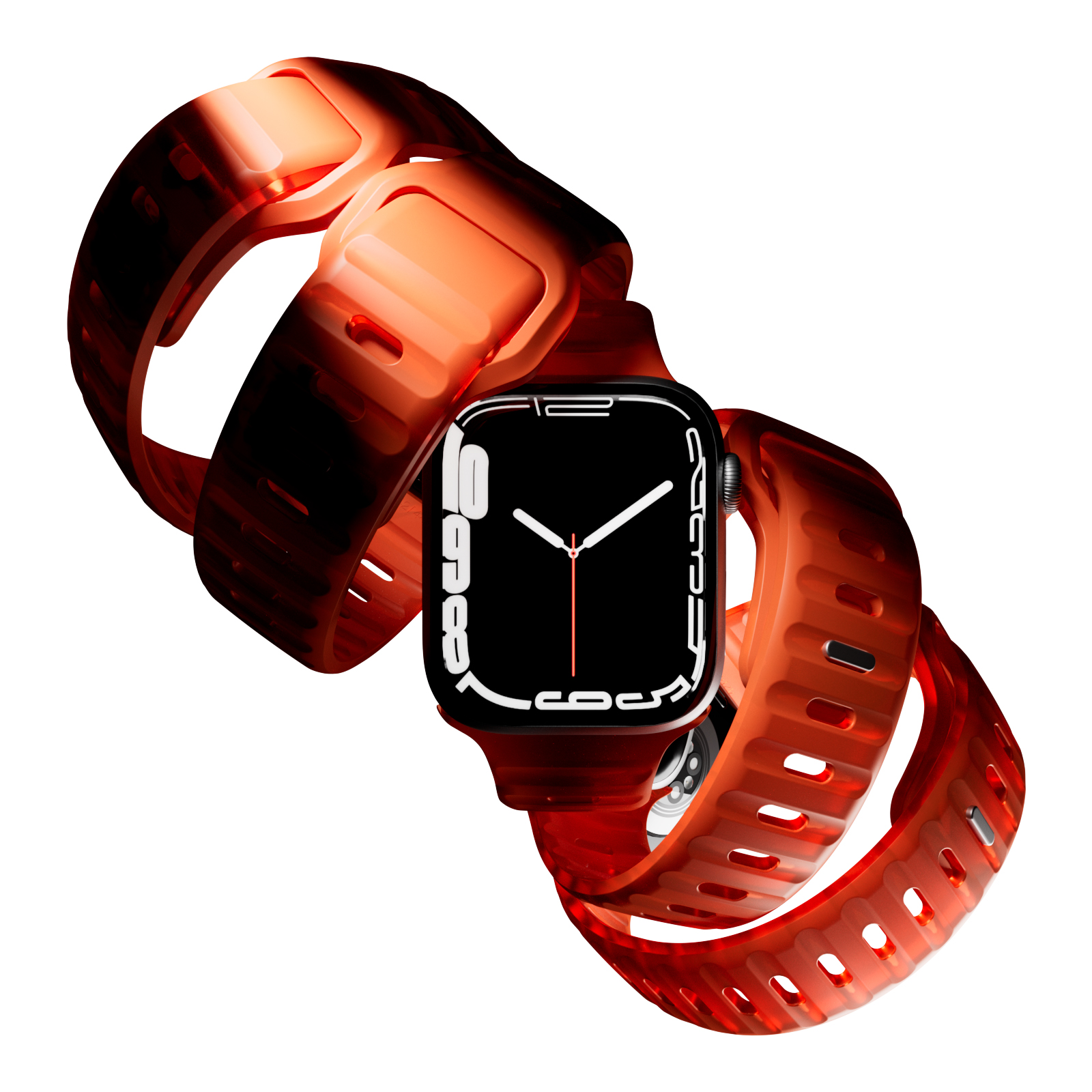 Un reloj inteligente naranja con esfera negra y manecillas blancas, rodeado por su correa.