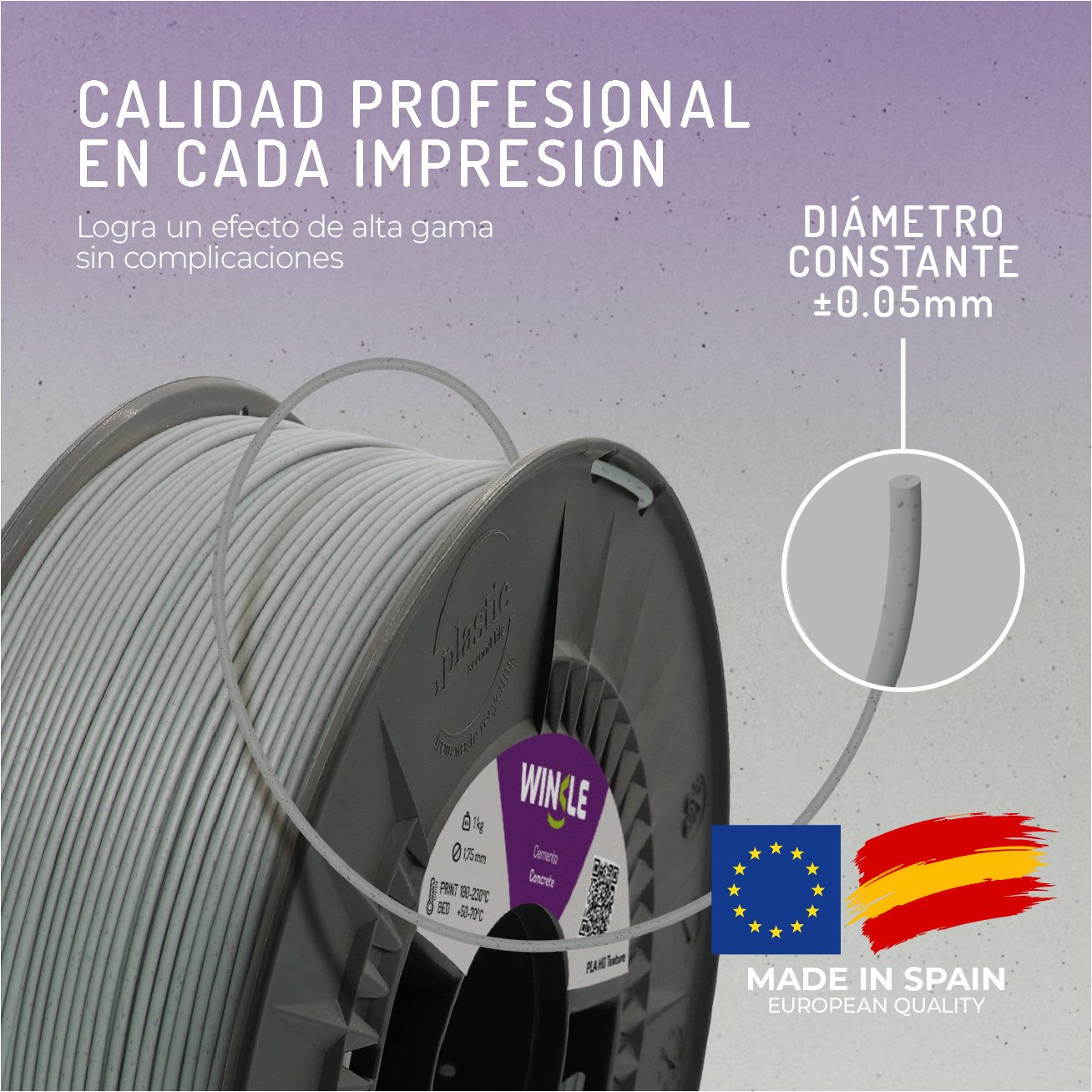Carrete gris de hormigón PLA texturizado para impresión 3D, calidad europea.