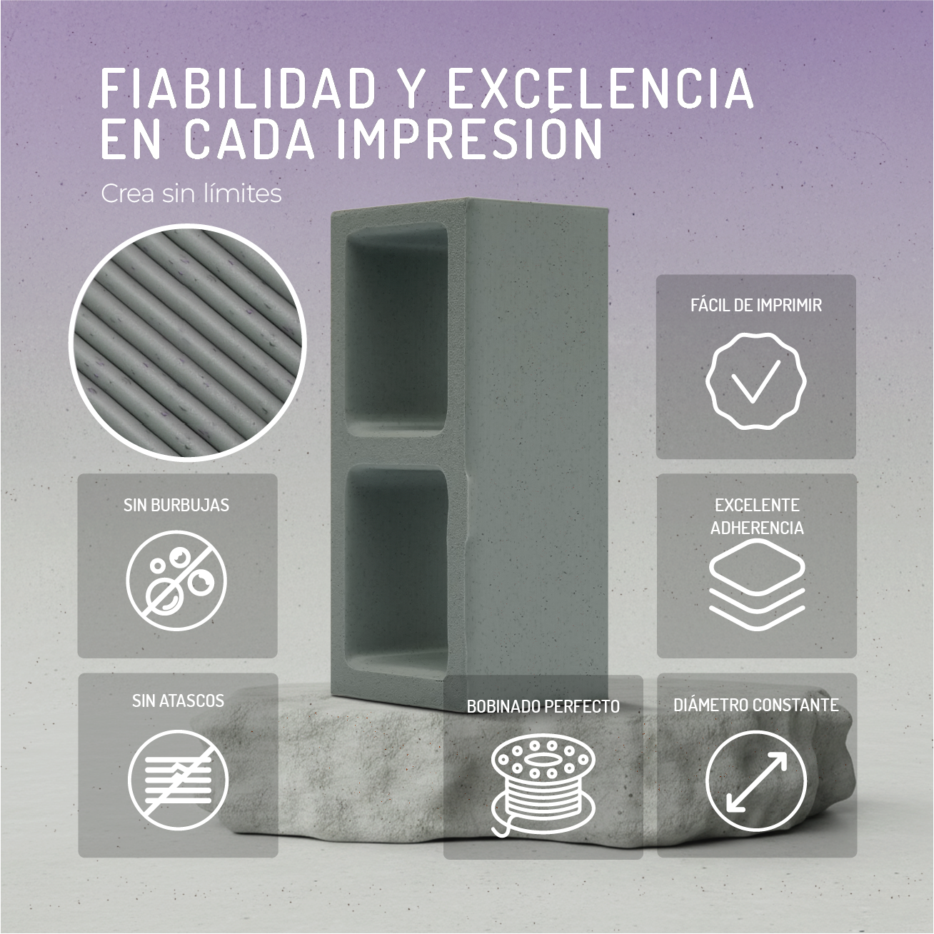 Bloque gris de impresión 3D con iconos de fiabilidad: sin burbujas, atascos, bobina perfecta.