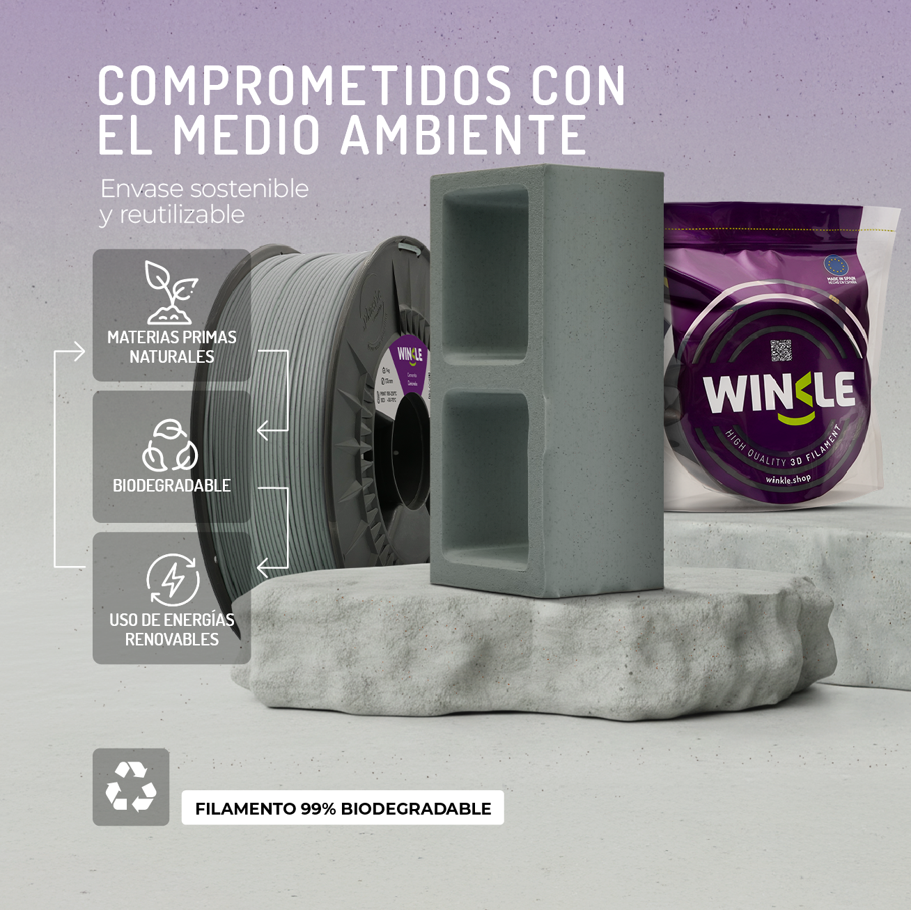 Rollo de filamento gris para impresora 3D, bloque de piedra y bolsa.