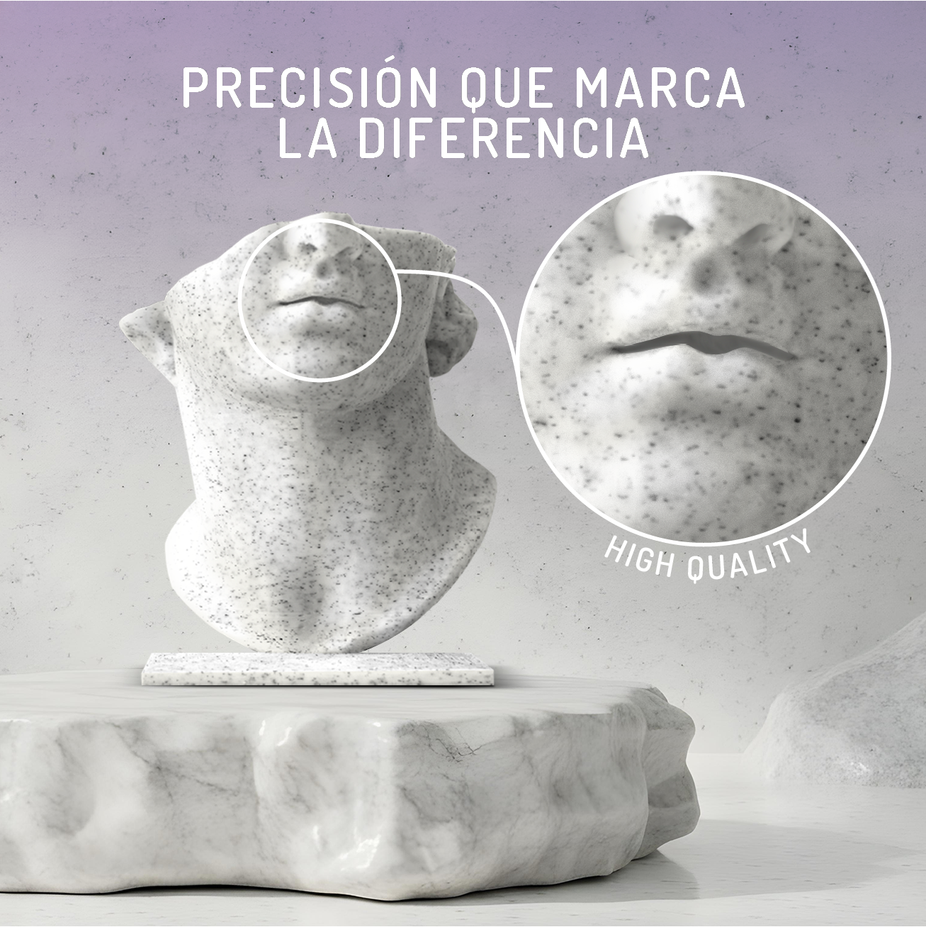 Busto gris con primer plano de la boca, texto sobre precisión y calidad.