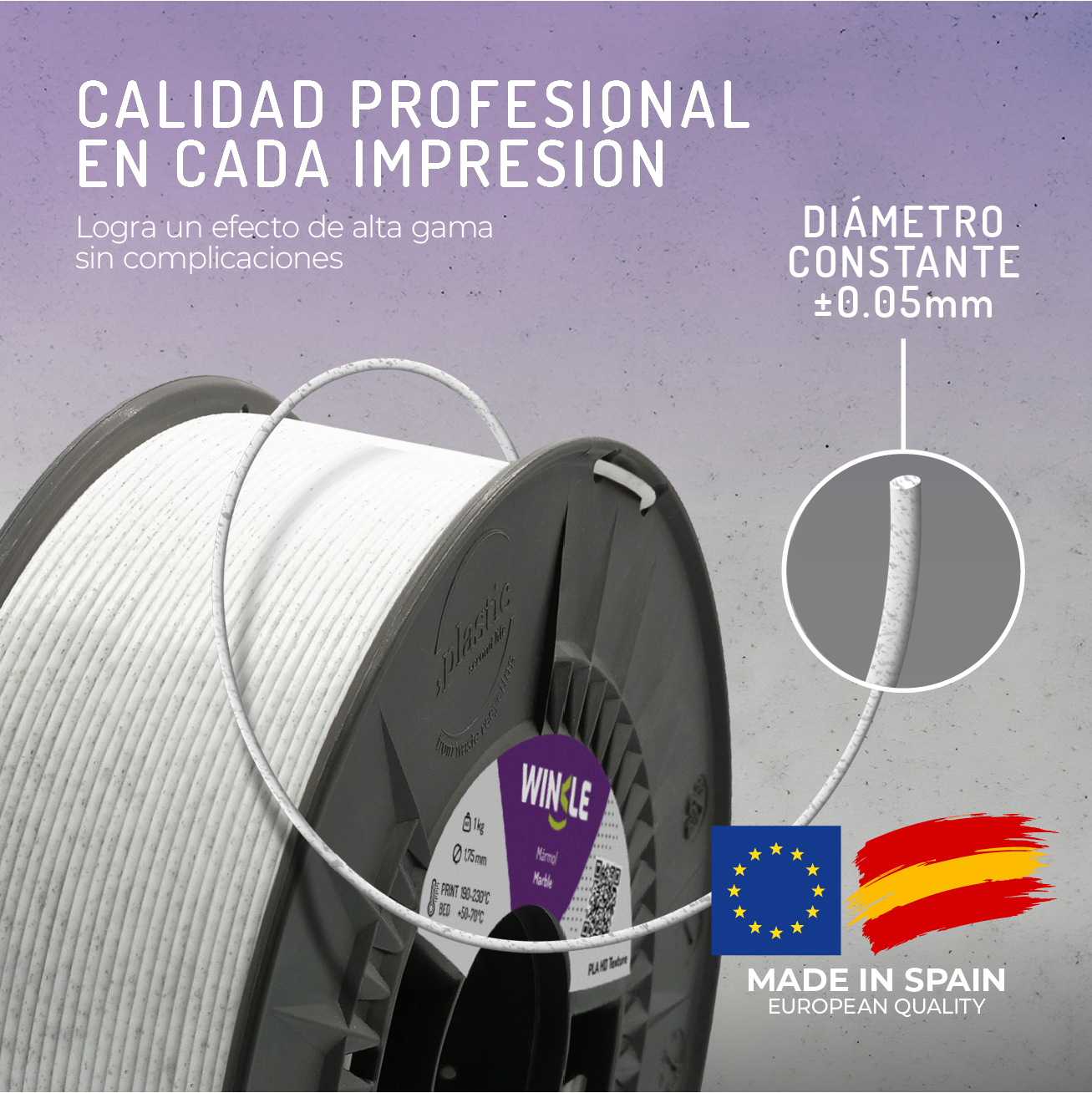 Un carrete de filamento PLA blanco efecto mármol, Hecho en España.