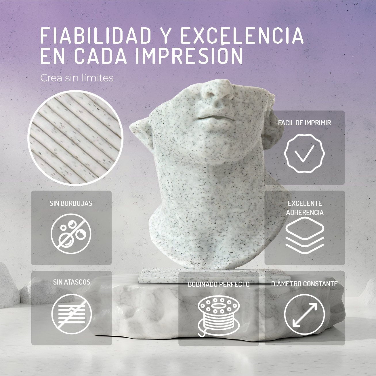 Busto de mármol con cuadros de texto: Fiabilidad, sin burbujas, sin atascos, fácil impresión, adherencia, bobina, diámetro.