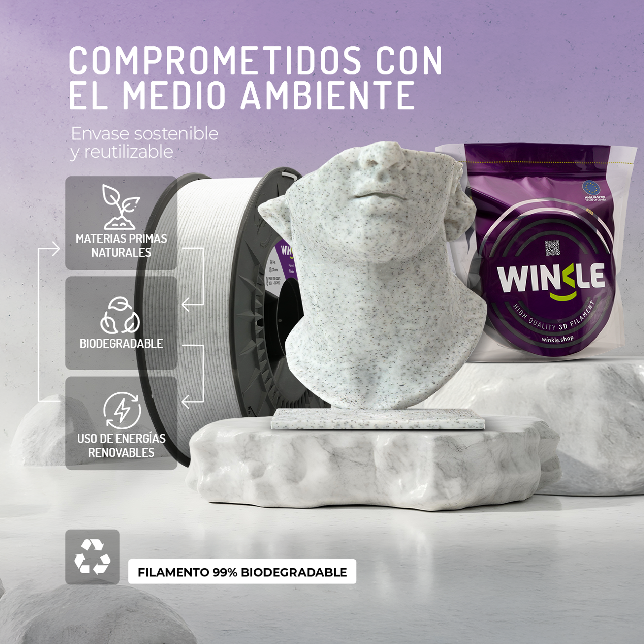 Bobina de filamento 3D, busto, bolsa y logos ecológicos en pedestales.
