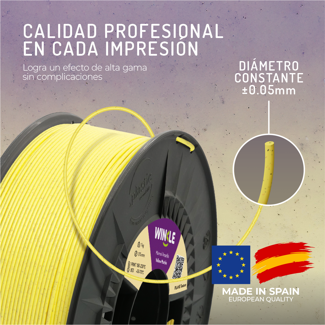 Bobina de filamento PLA amarillo para impresión 3D, con primer plano del diámetro.