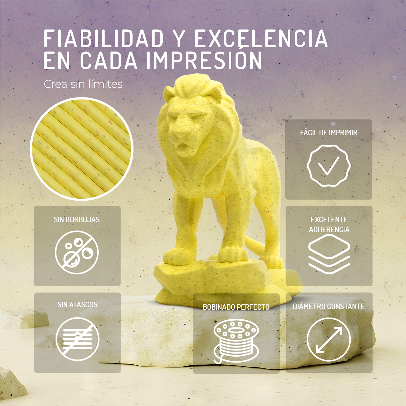 Un león amarillo sobre un pedestal, rodeado de íconos de calidad de impresión.