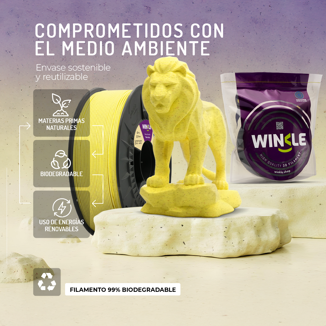 Una bobina e impresión de filamento 3D amarillo, con un león sobre un pedestal.