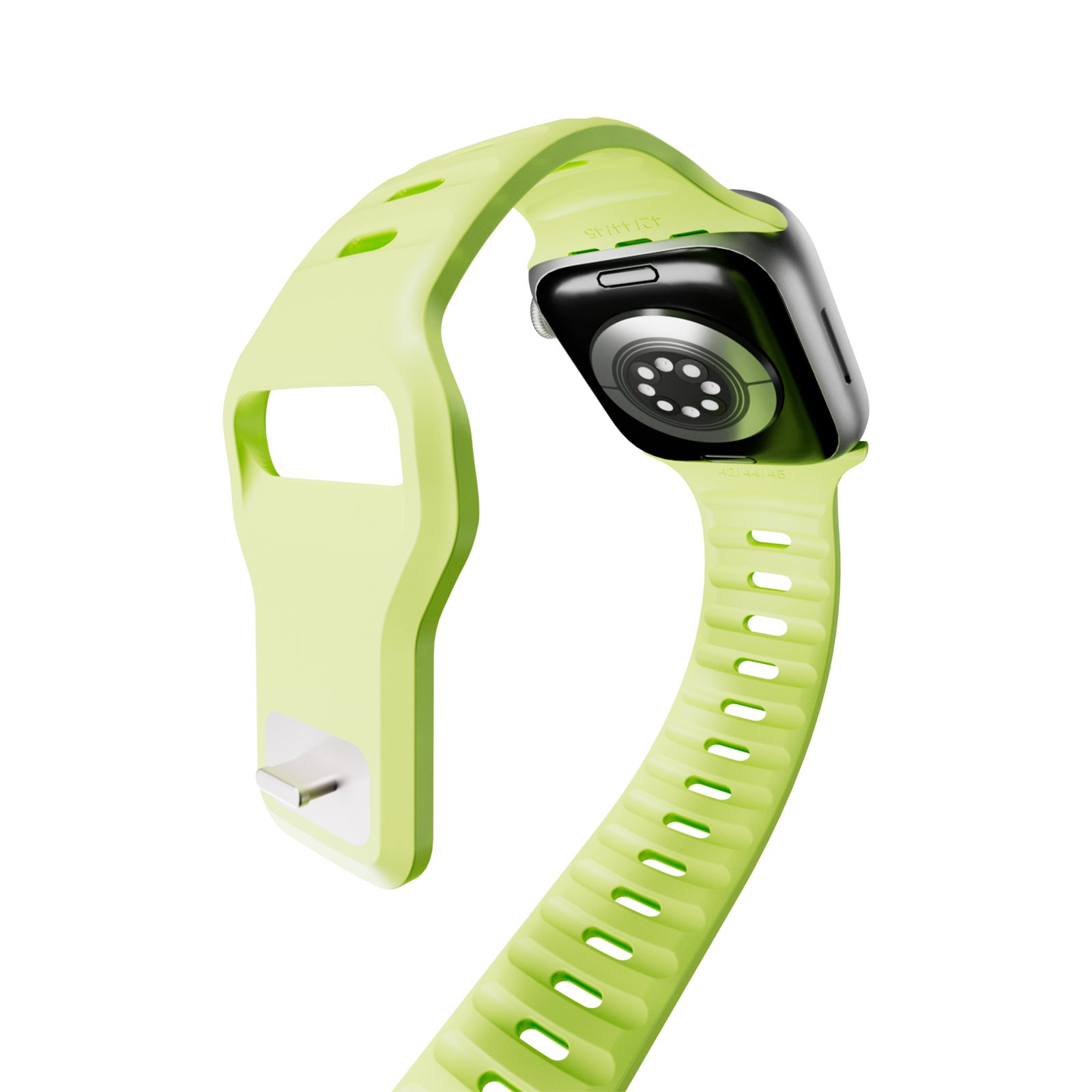 Una correa verde claro de smartwatch con carcasa plateada y sensores.