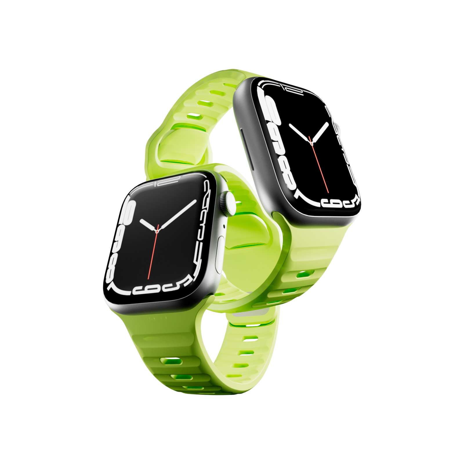 Dos relojes inteligentes con correas verde neón sobre fondo blanco.