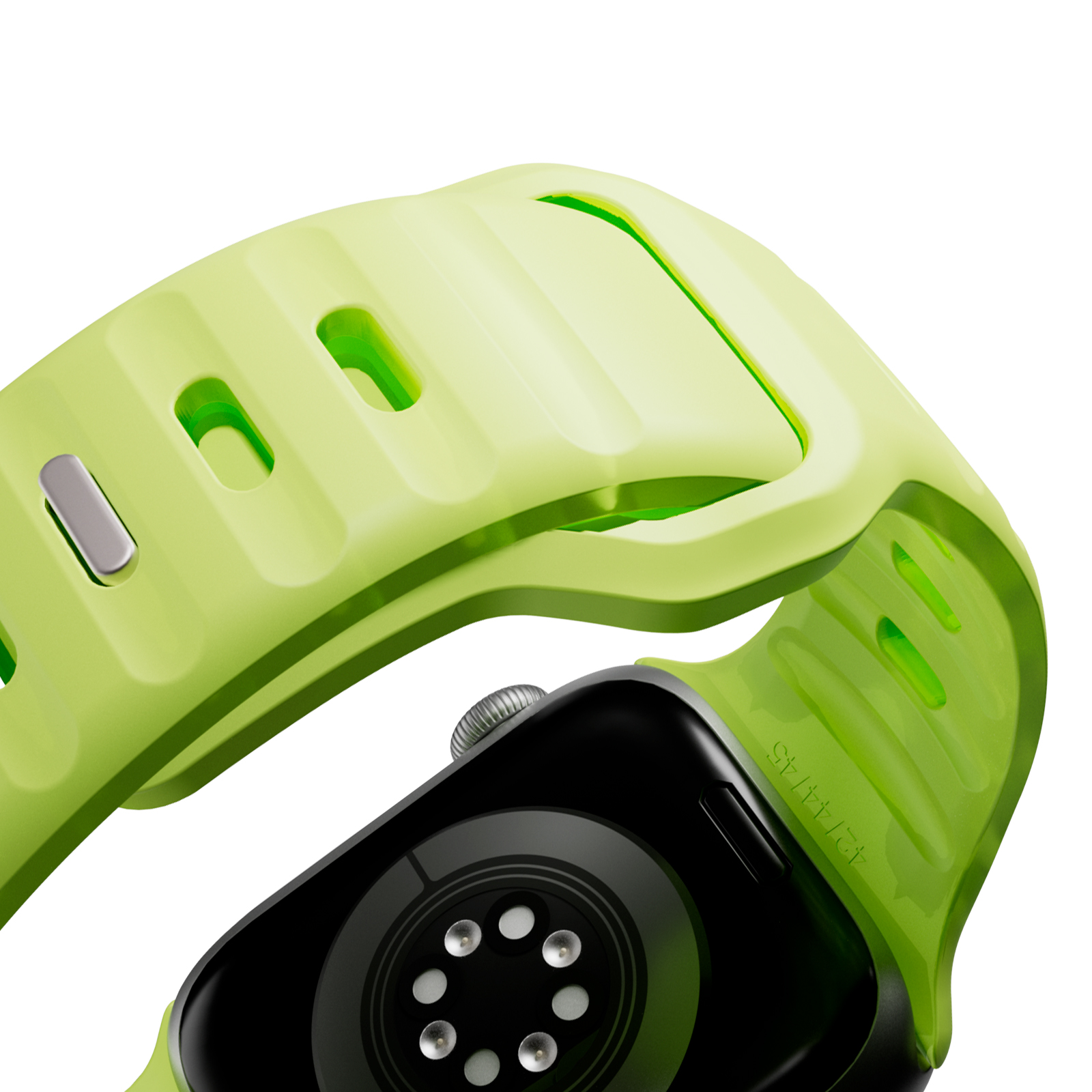 Correa de reloj verde lima con bisel y sensor de ritmo cardíaco sobre fondo blanco.
