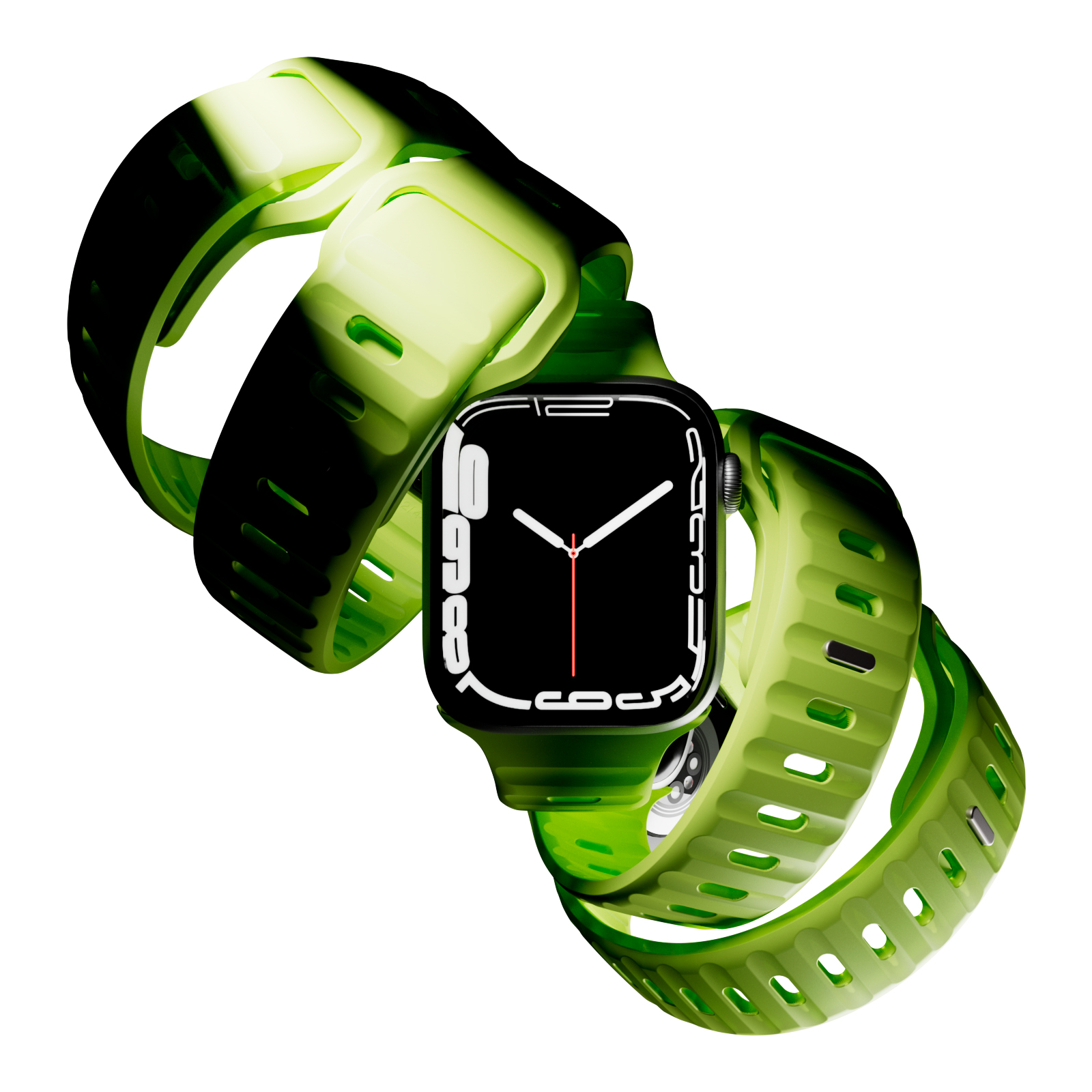 Un Apple Watch verde con esfera negra y correa retorcida.