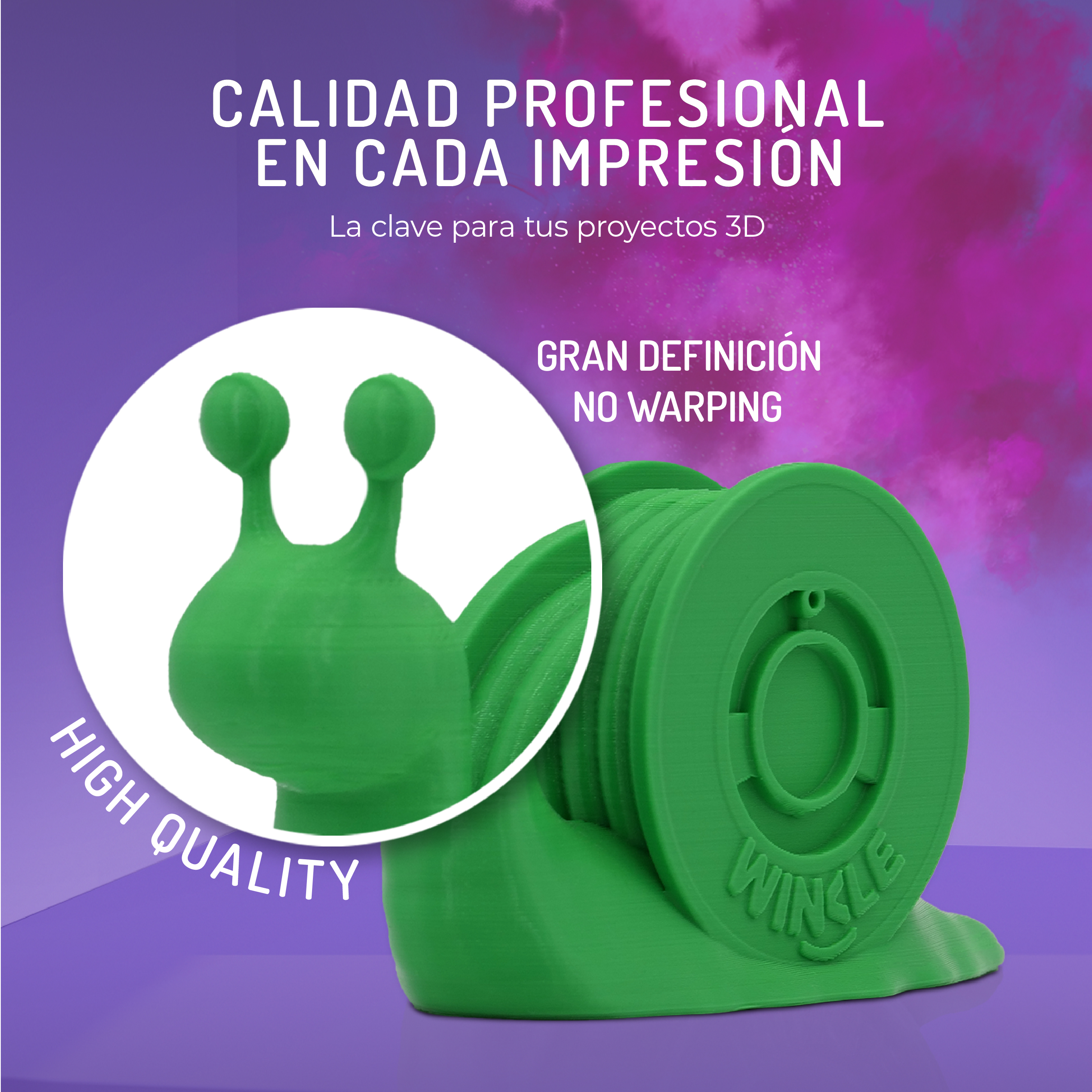 Caracol verde impreso en 3D con texto 'High Quality' y 'Gran Definición'.