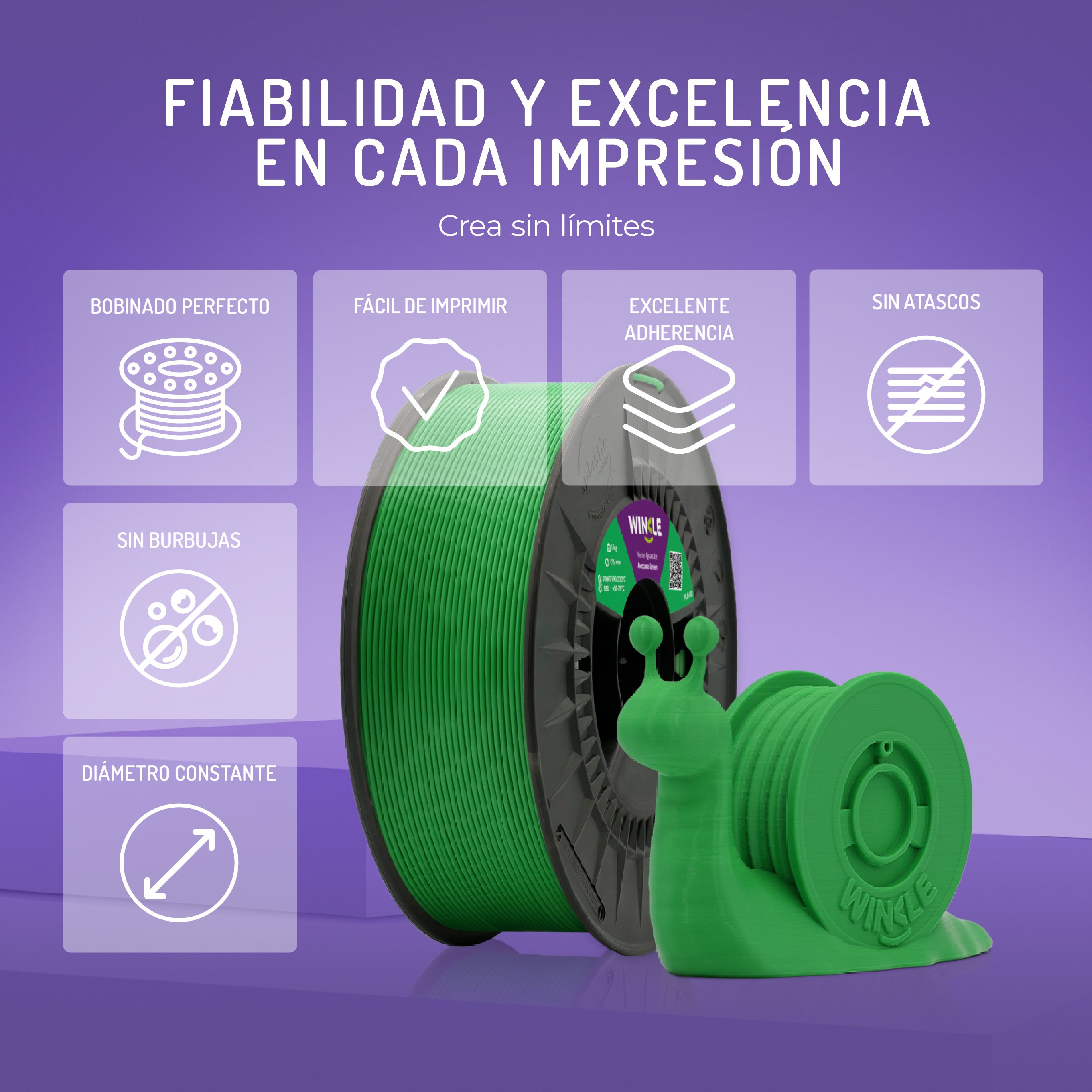 Bobina de filamento de impresión 3D verde con figura de caracol. Texto resalta beneficios.