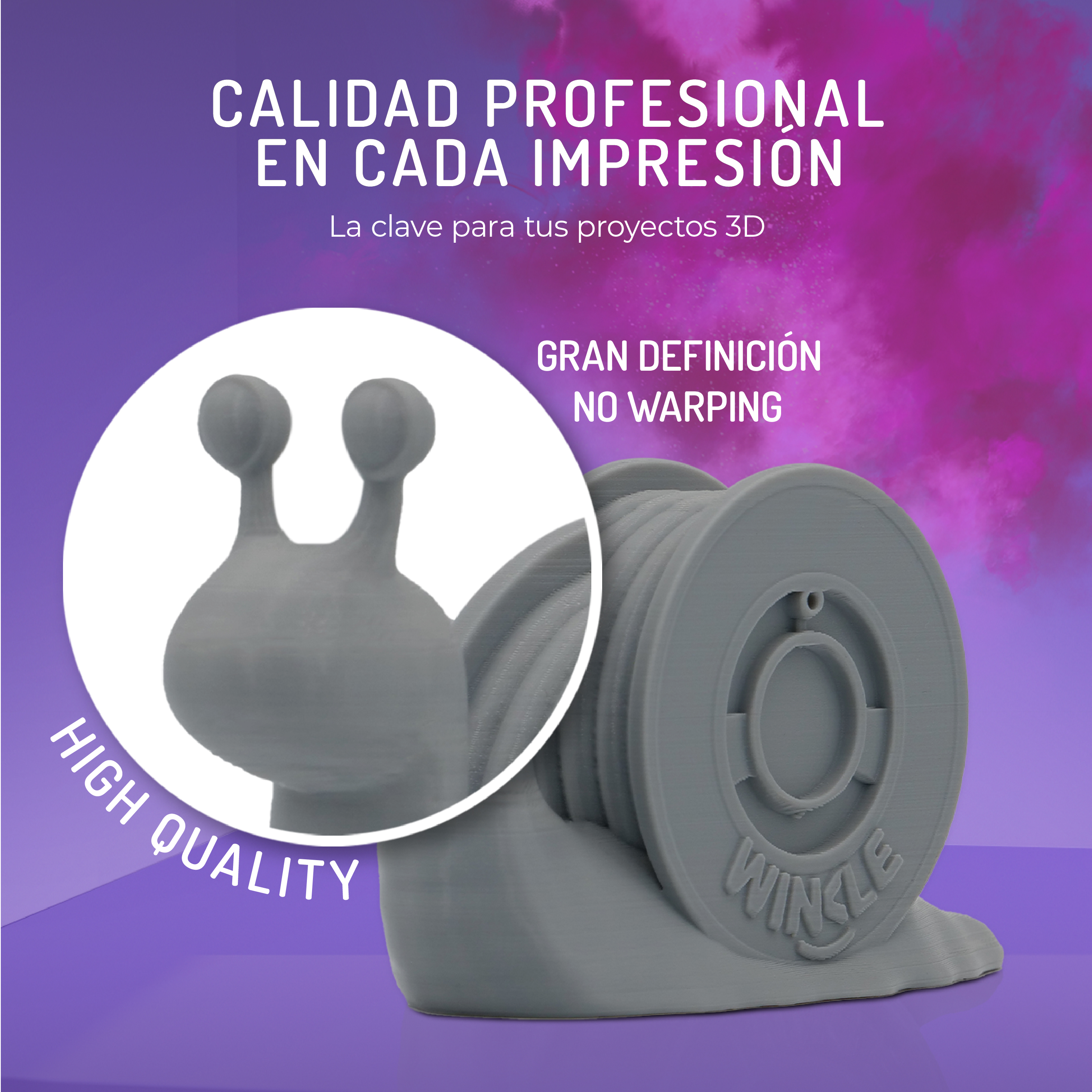Caracol gris impreso en 3D con carrete sobre fondo morado.