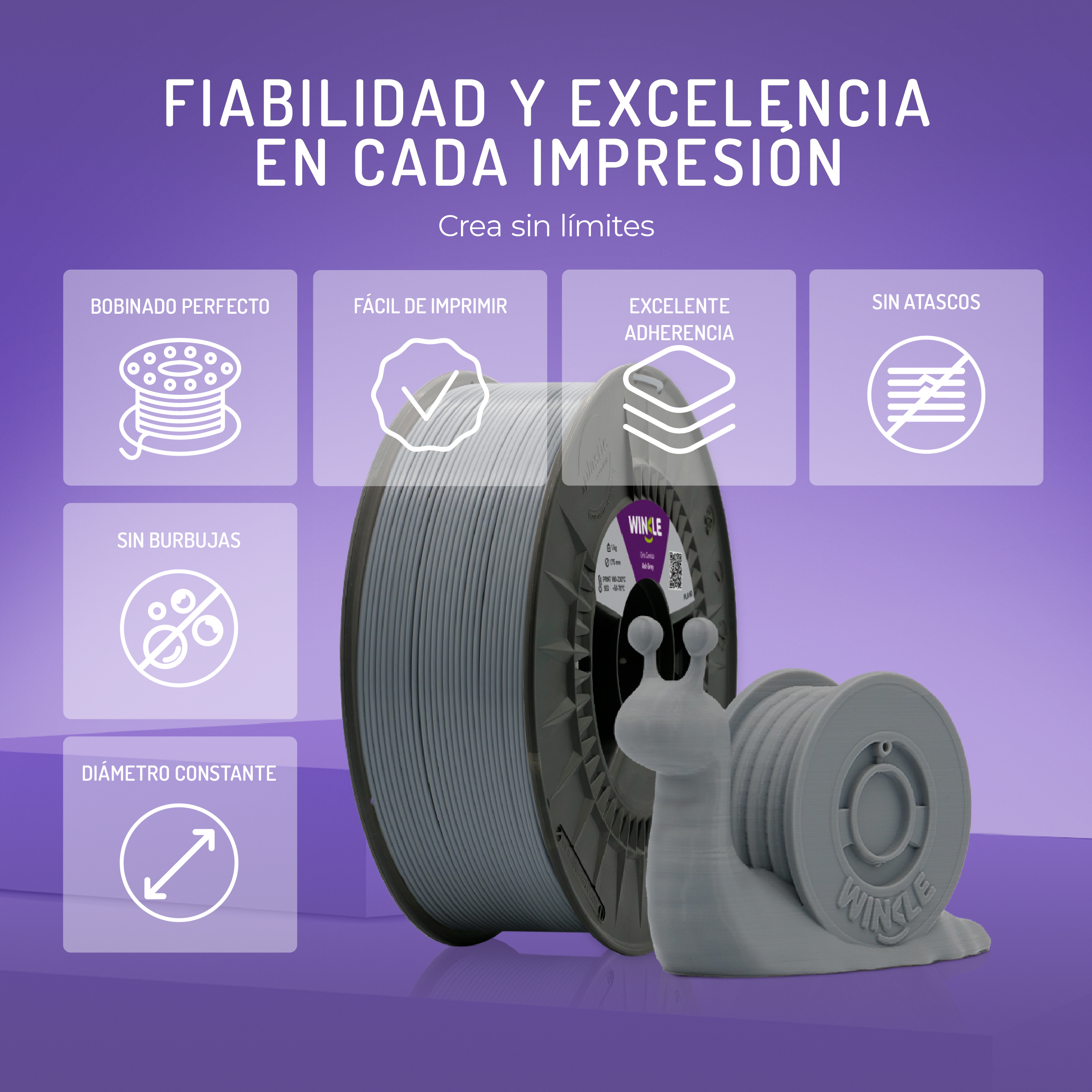 Bobina de impresión 3D gris con figura de caracol sobre fondo morado, texto sobre fiabilidad.