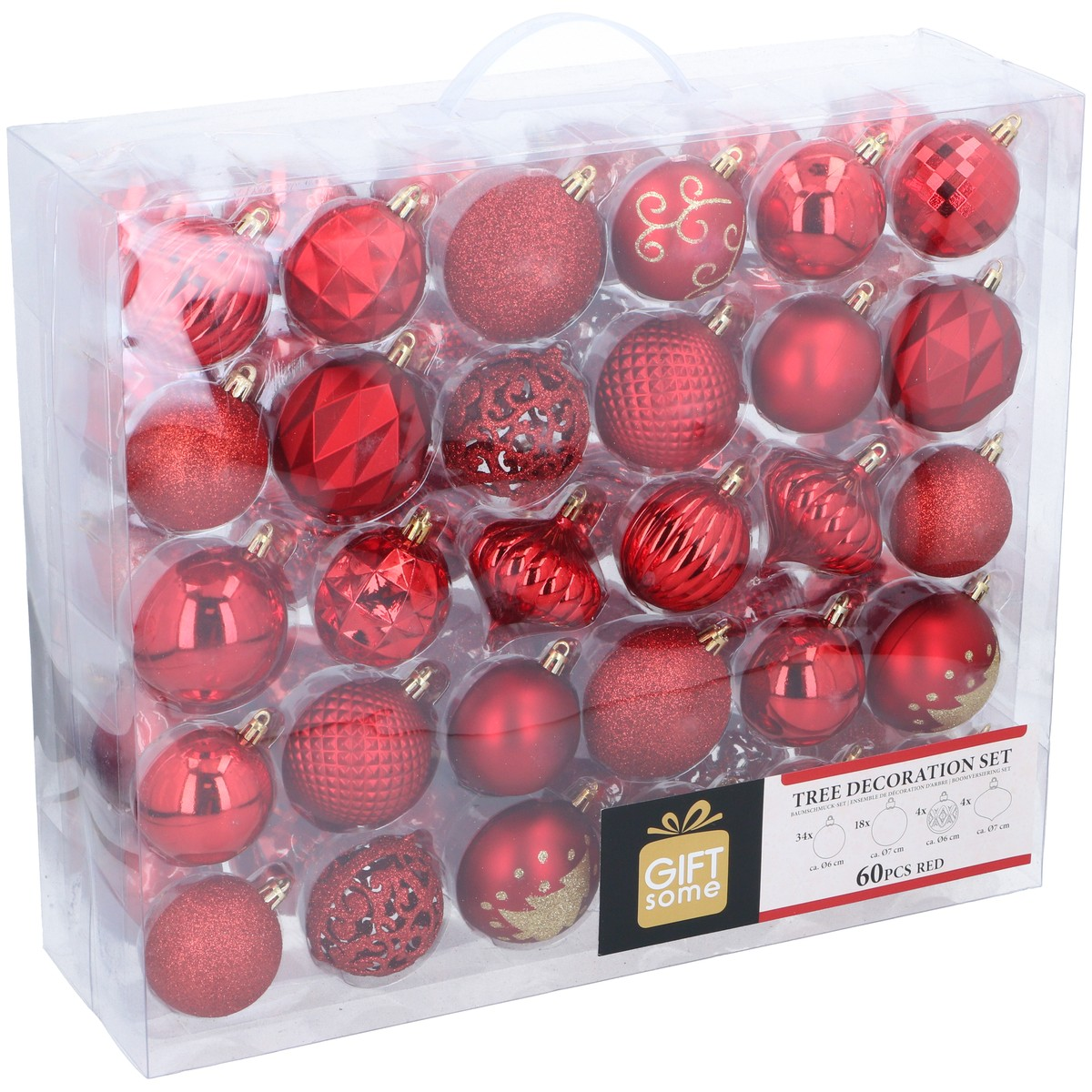 Box of red Christmas ornaments in various shapes and finishes.