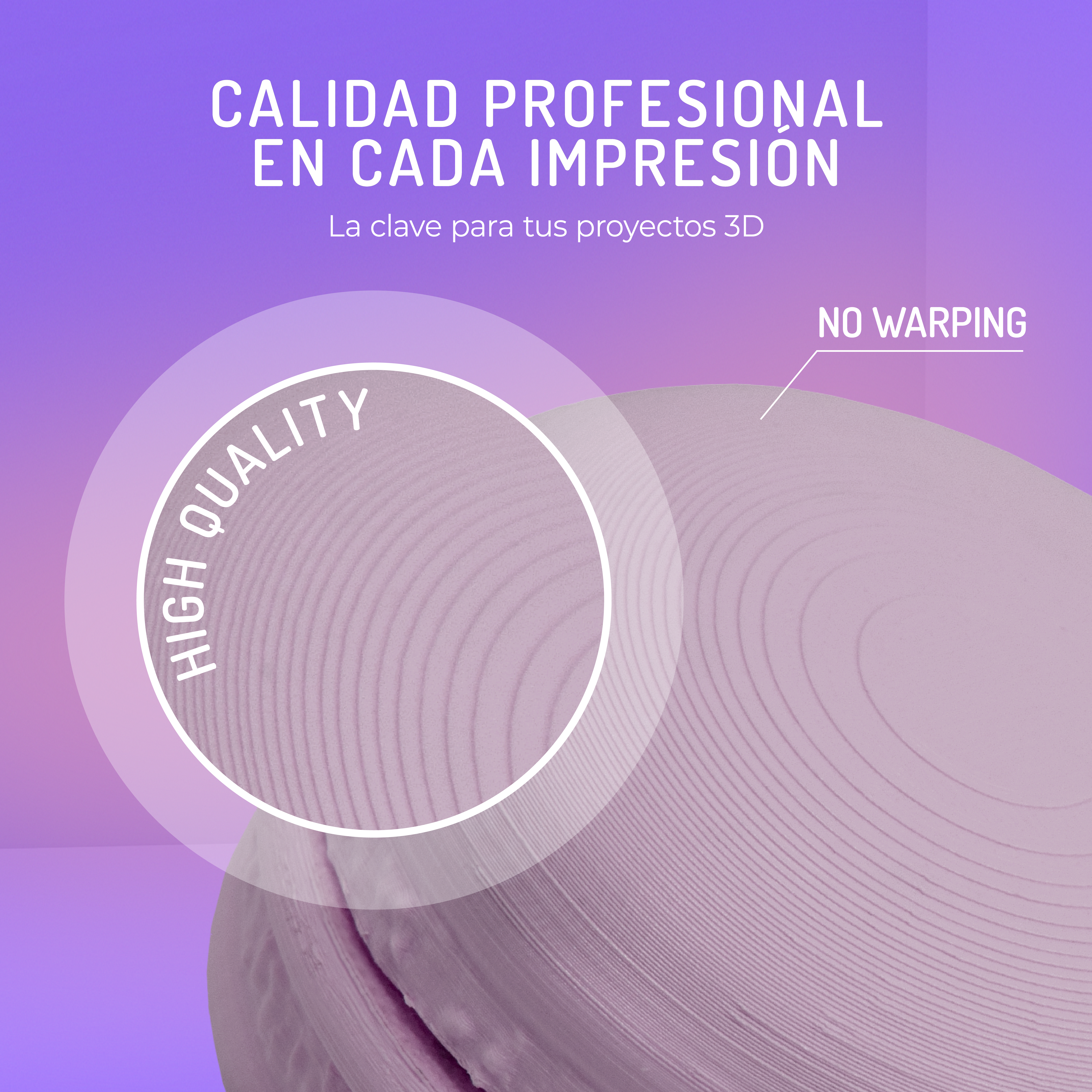 Impresión 3D morada con texto: Calidad profesional, sin deformación.