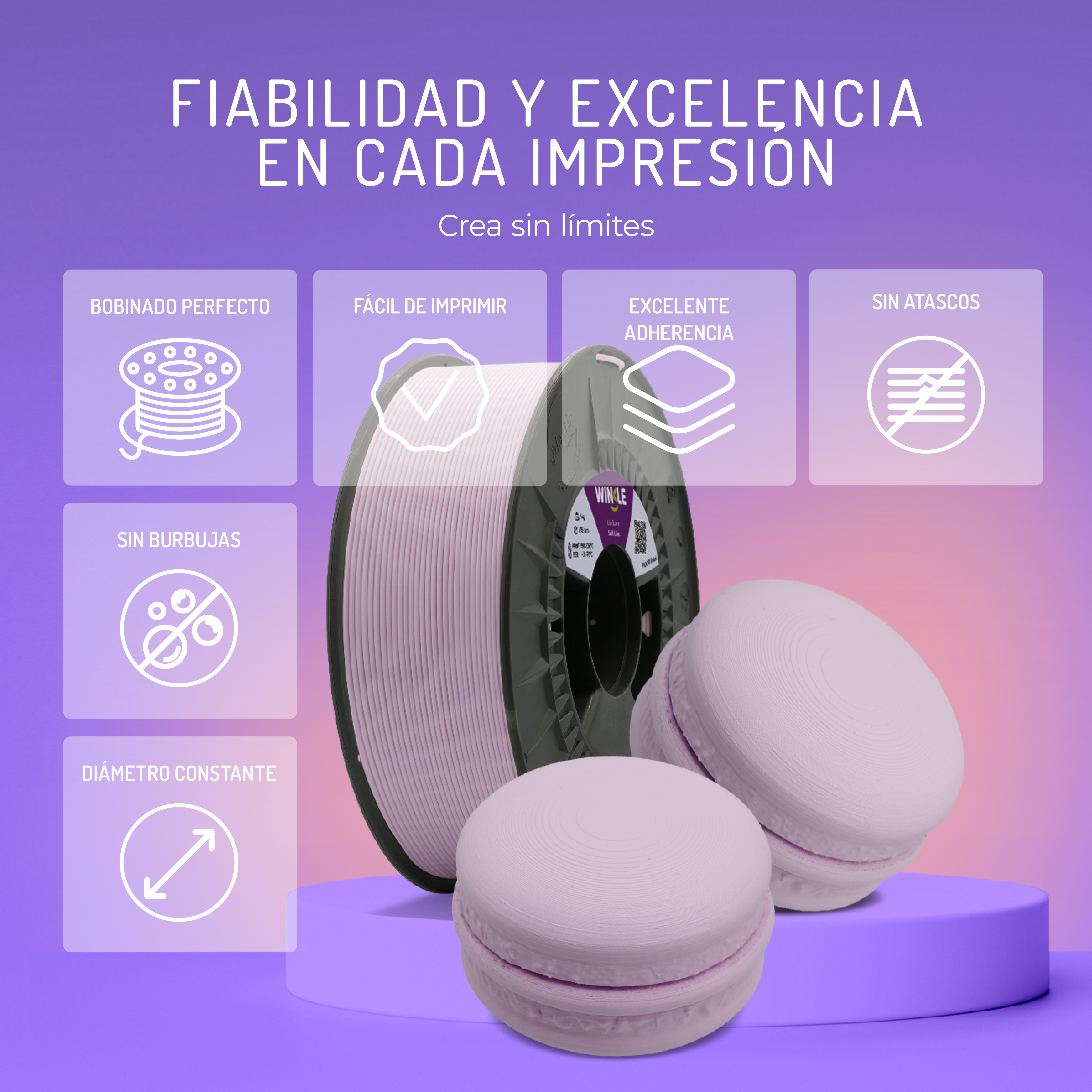 Un carrete de filamento de impresión 3D y dos objetos tipo macaron sobre un pedestal.