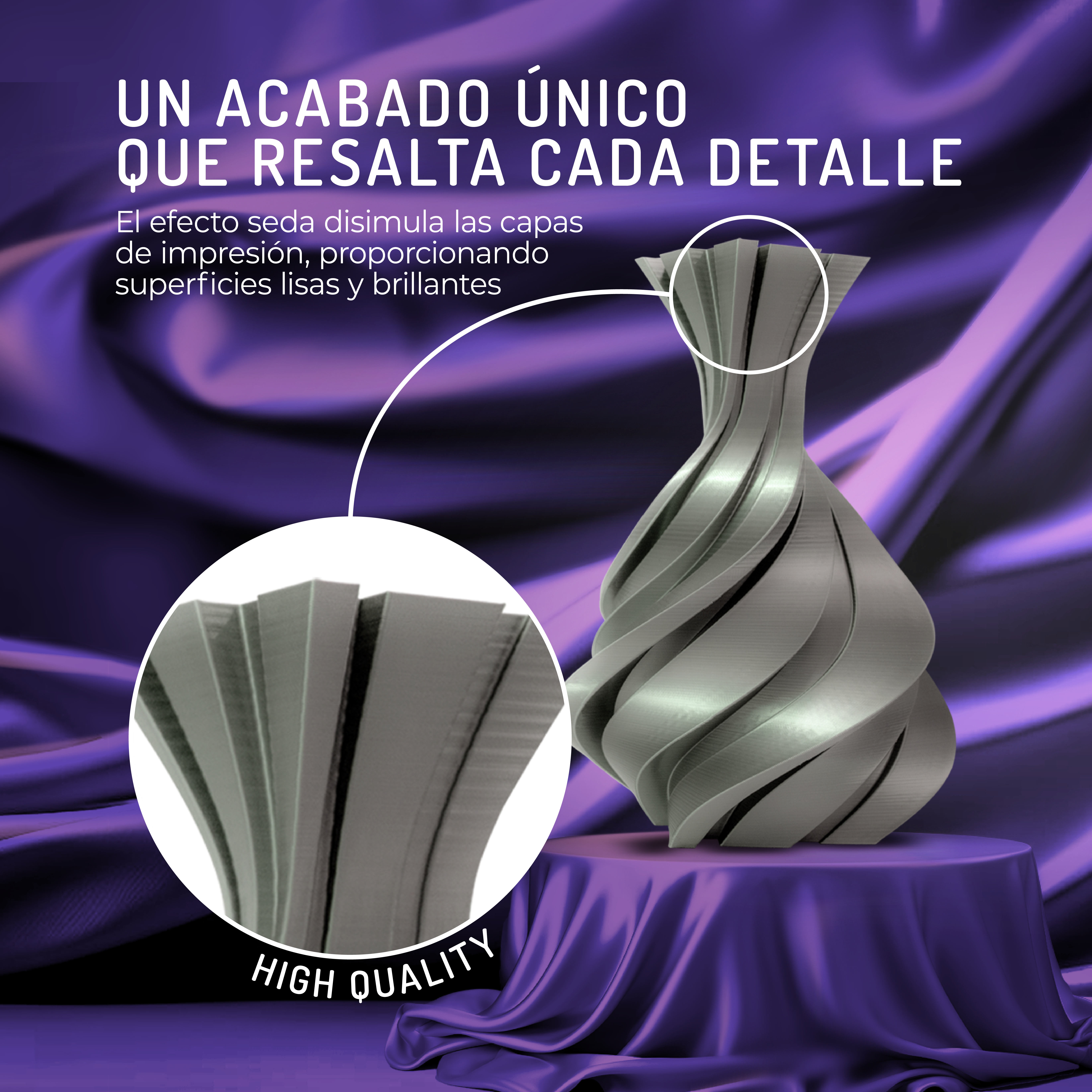 Acabado único resalta cada detalle. Jarrón gris sobre tela morada.