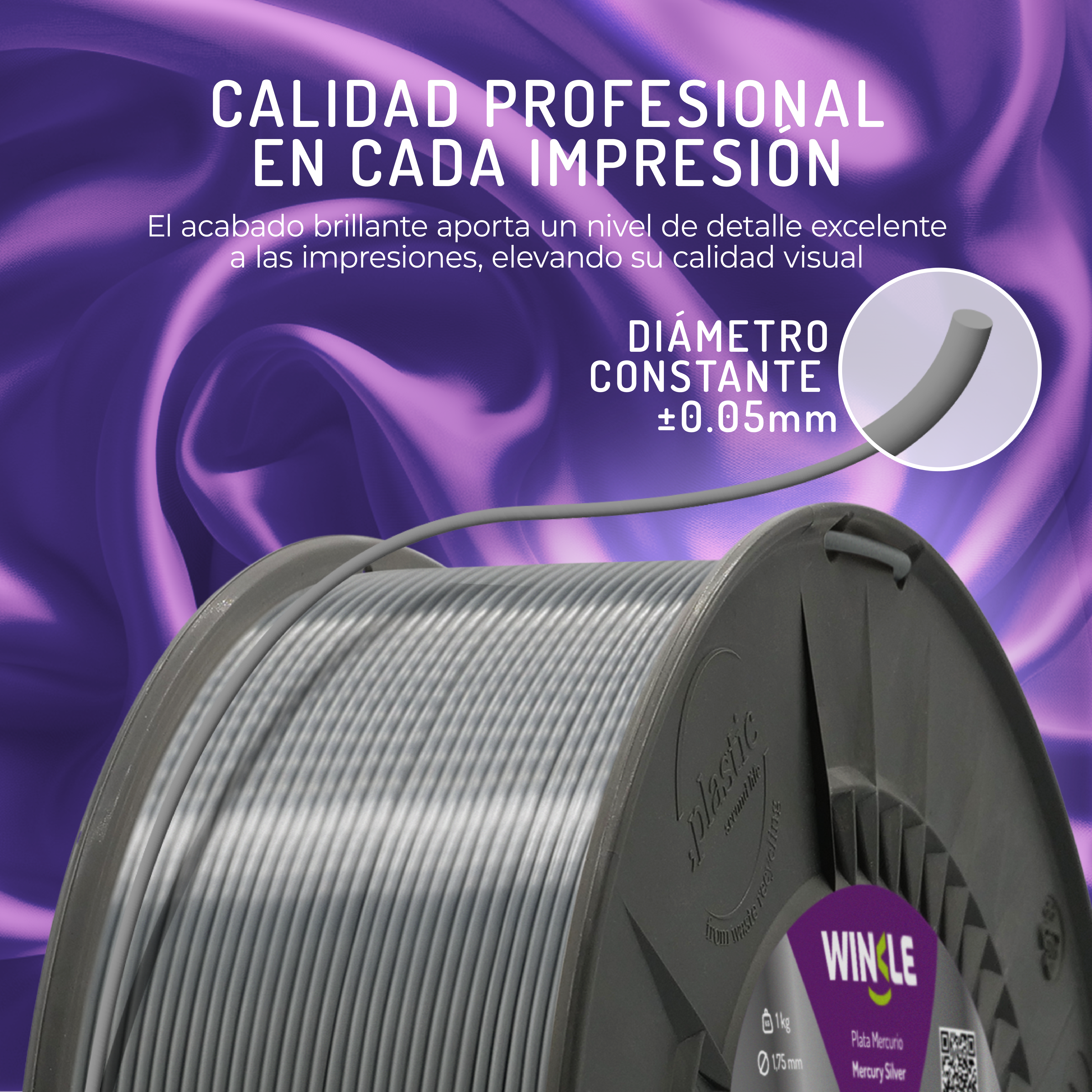 Rollo de filamento gris para impresora 3D con texto sobre calidad profesional y diámetro constante.