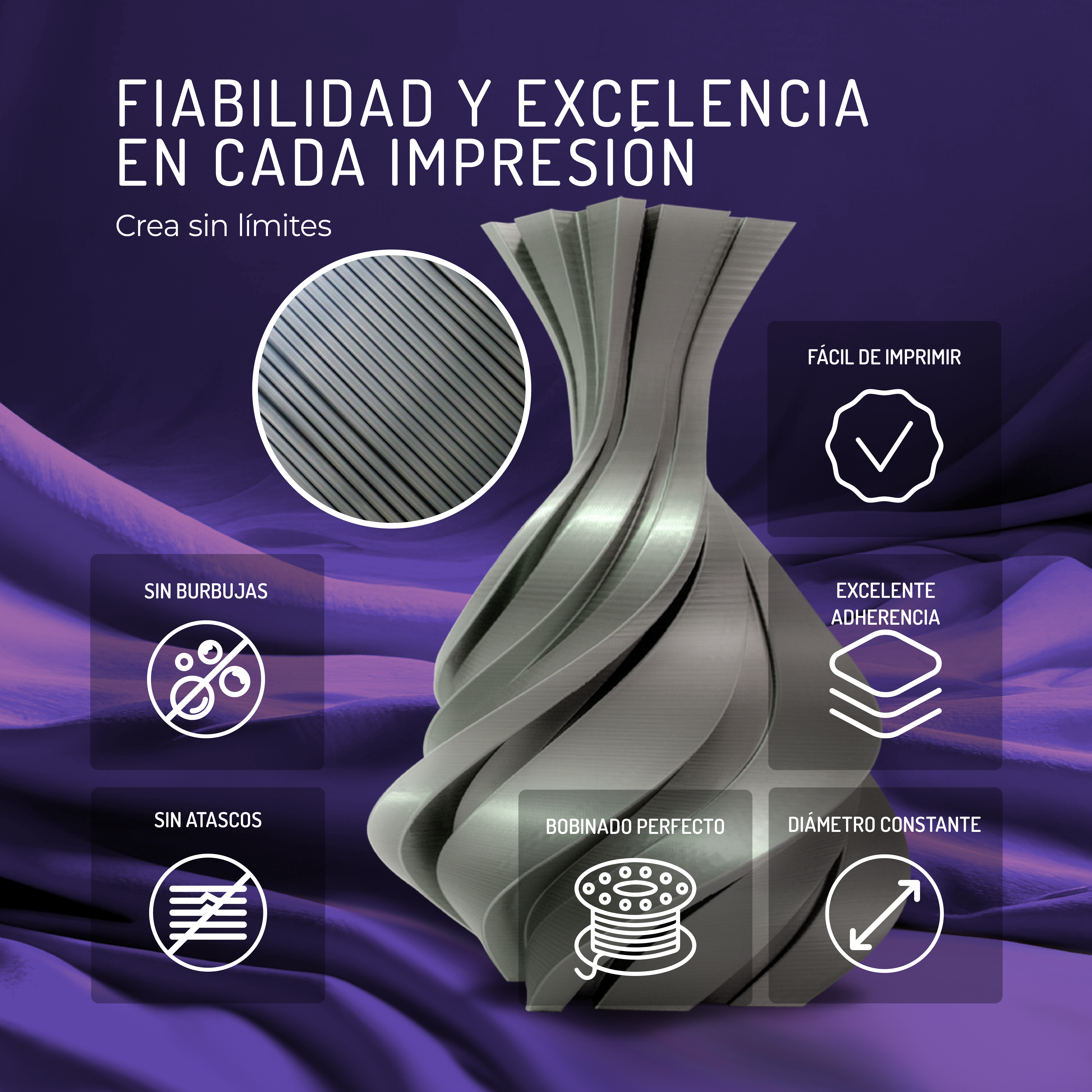 Objeto gris de impresión 3D con texto e iconos de fiabilidad y calidad.