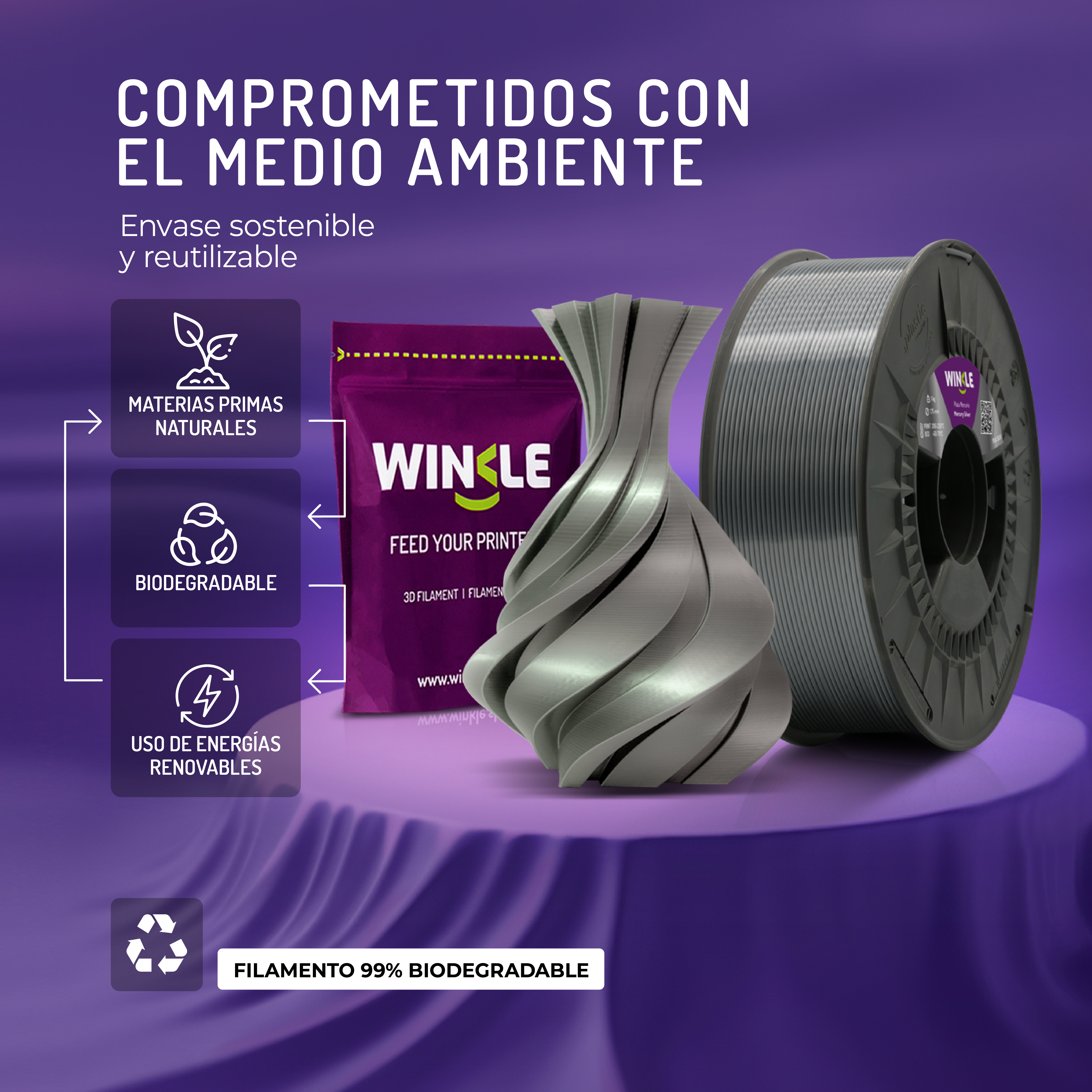 Un carrete de filamento de impresión 3D junto a un paquete y un jarrón.