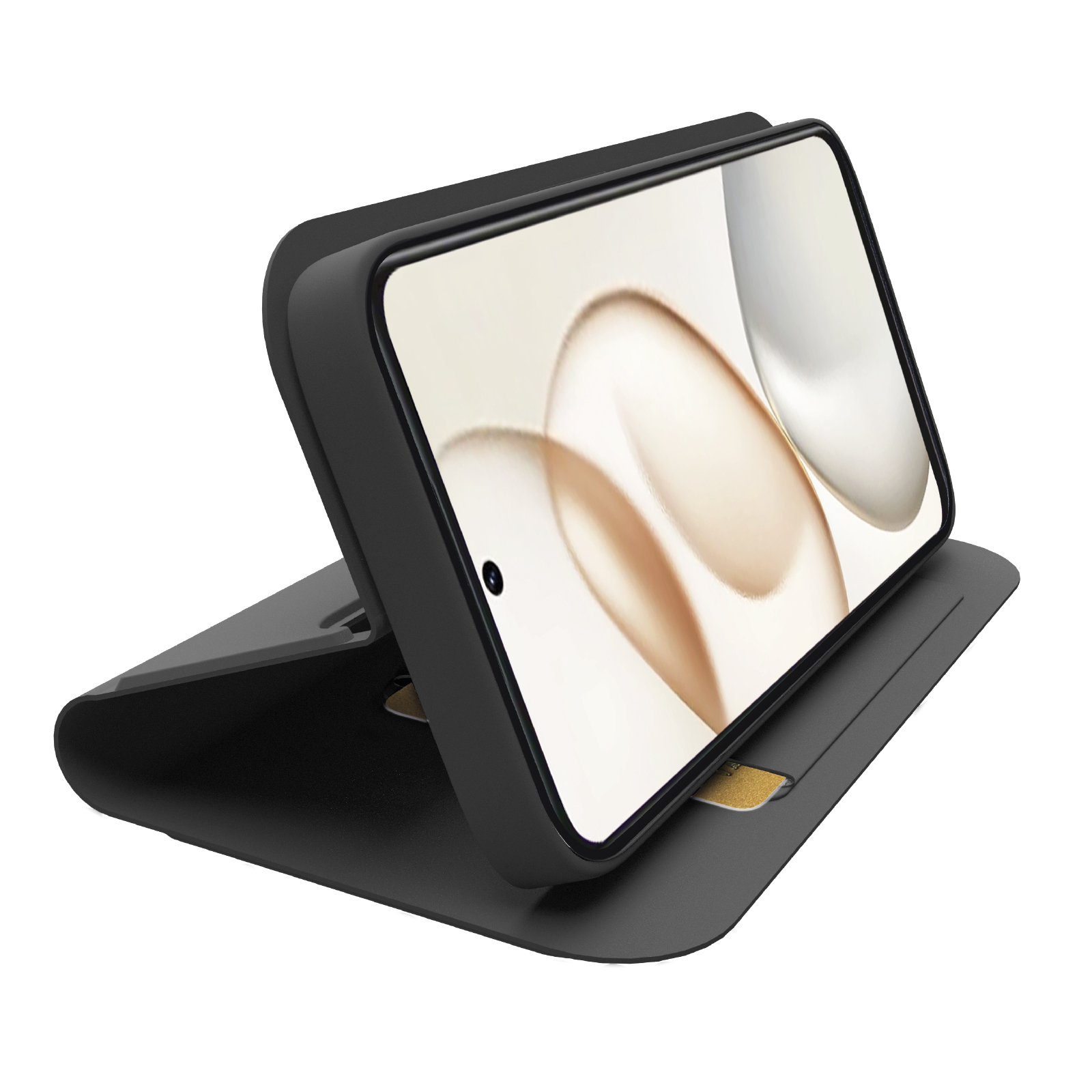 Un smartphone negro descansa en una funda negra que funciona como soporte.
