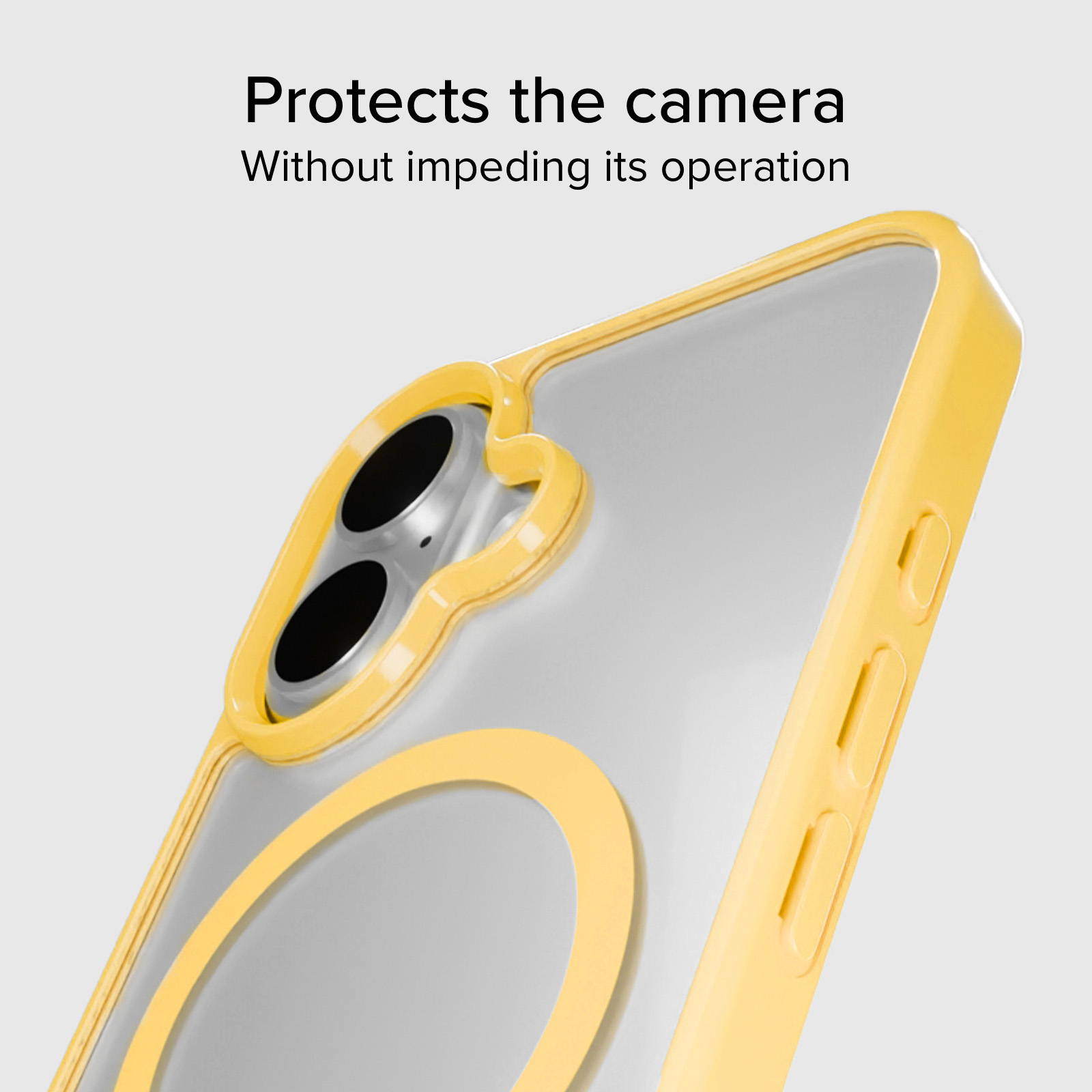 Funda amarilla protege cámara y botones de smartphone. Parte trasera transparente.