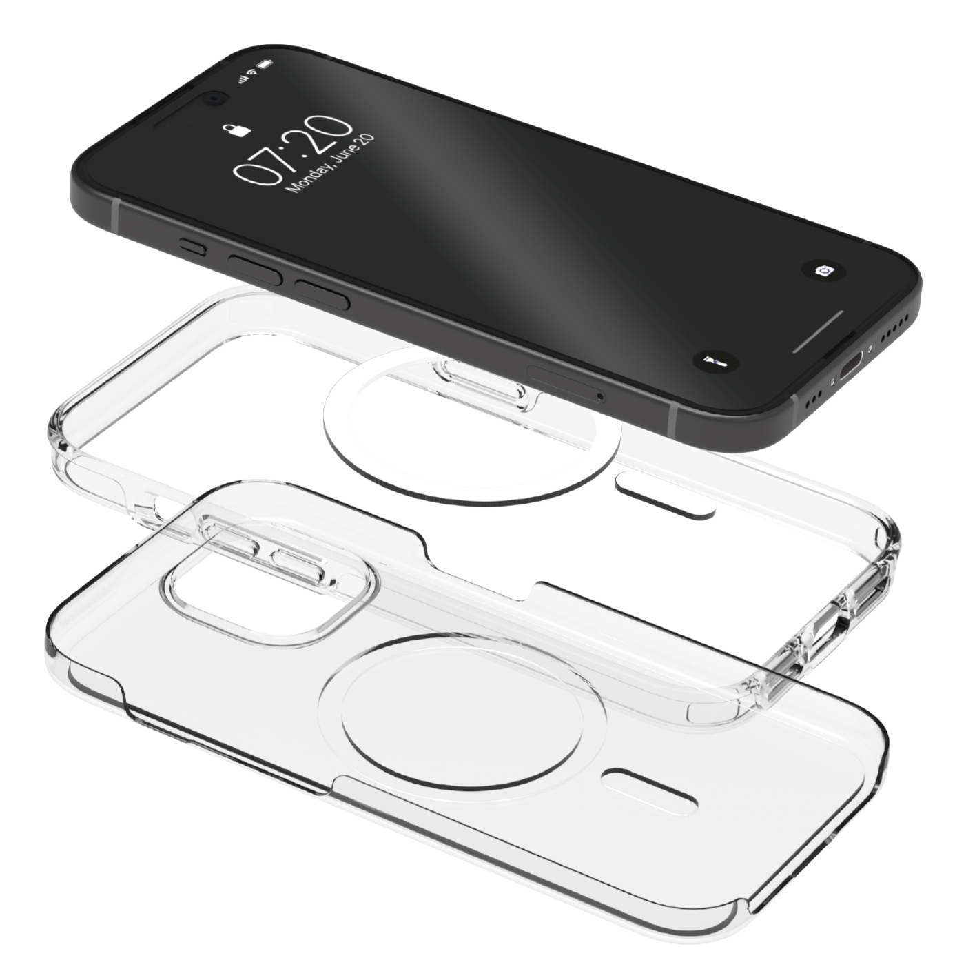 Uno smartphone nero con una custodia trasparente posizionata sotto.