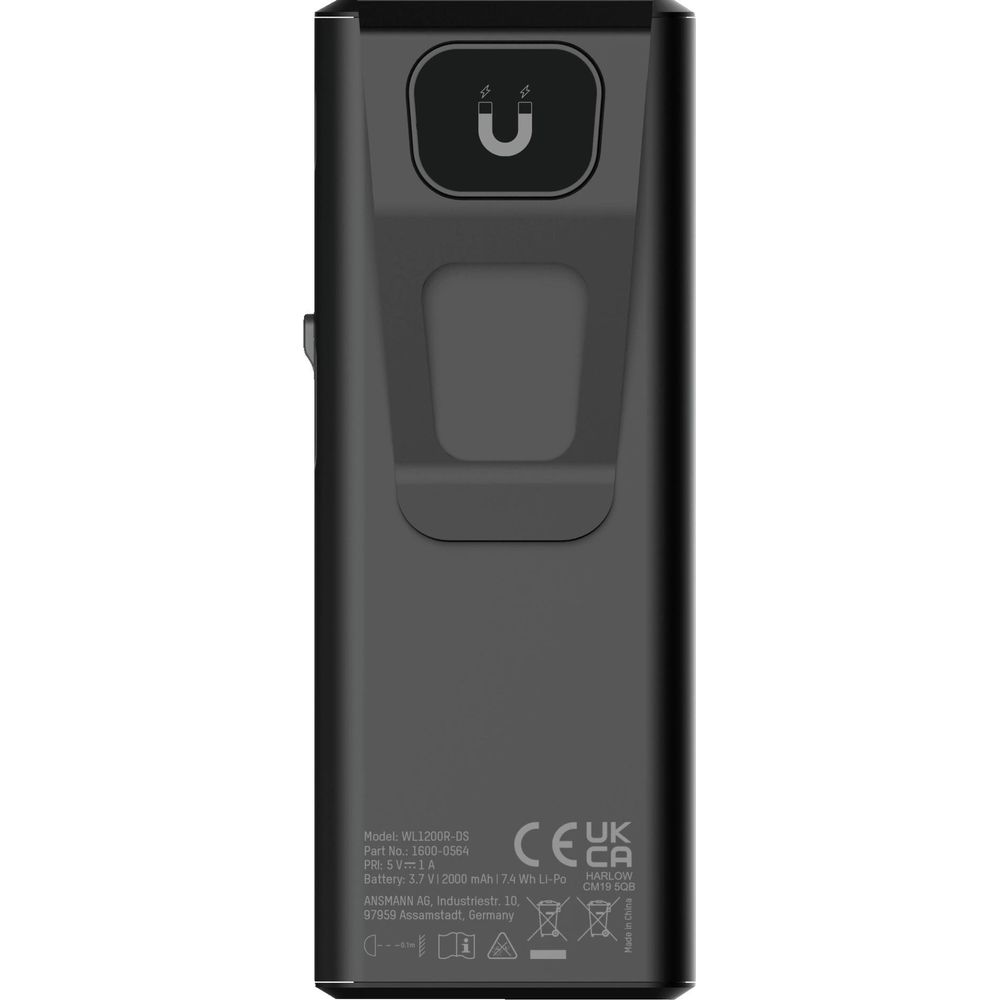 Schwarzes Gerät mit Magnetsymbol oben. Details unten aufgeführt.