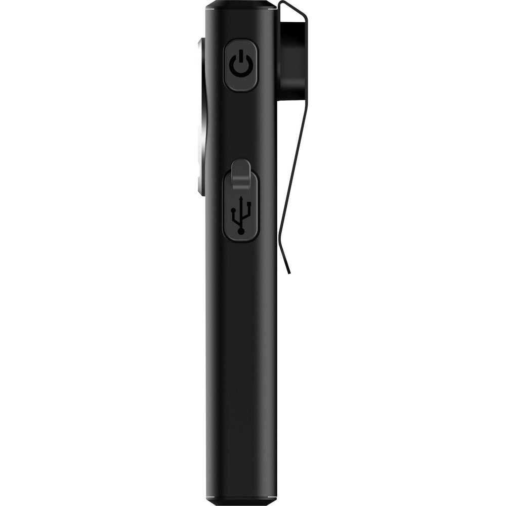 Ein schwarzes, längliches Gerät mit einem Ein-/Ausschalter und USB-Anschluss.