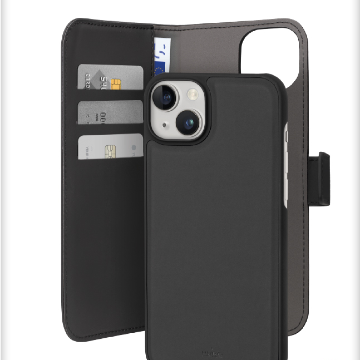 Custodia a libro nera per telefono con slot per schede e un telefono con due fotocamere.