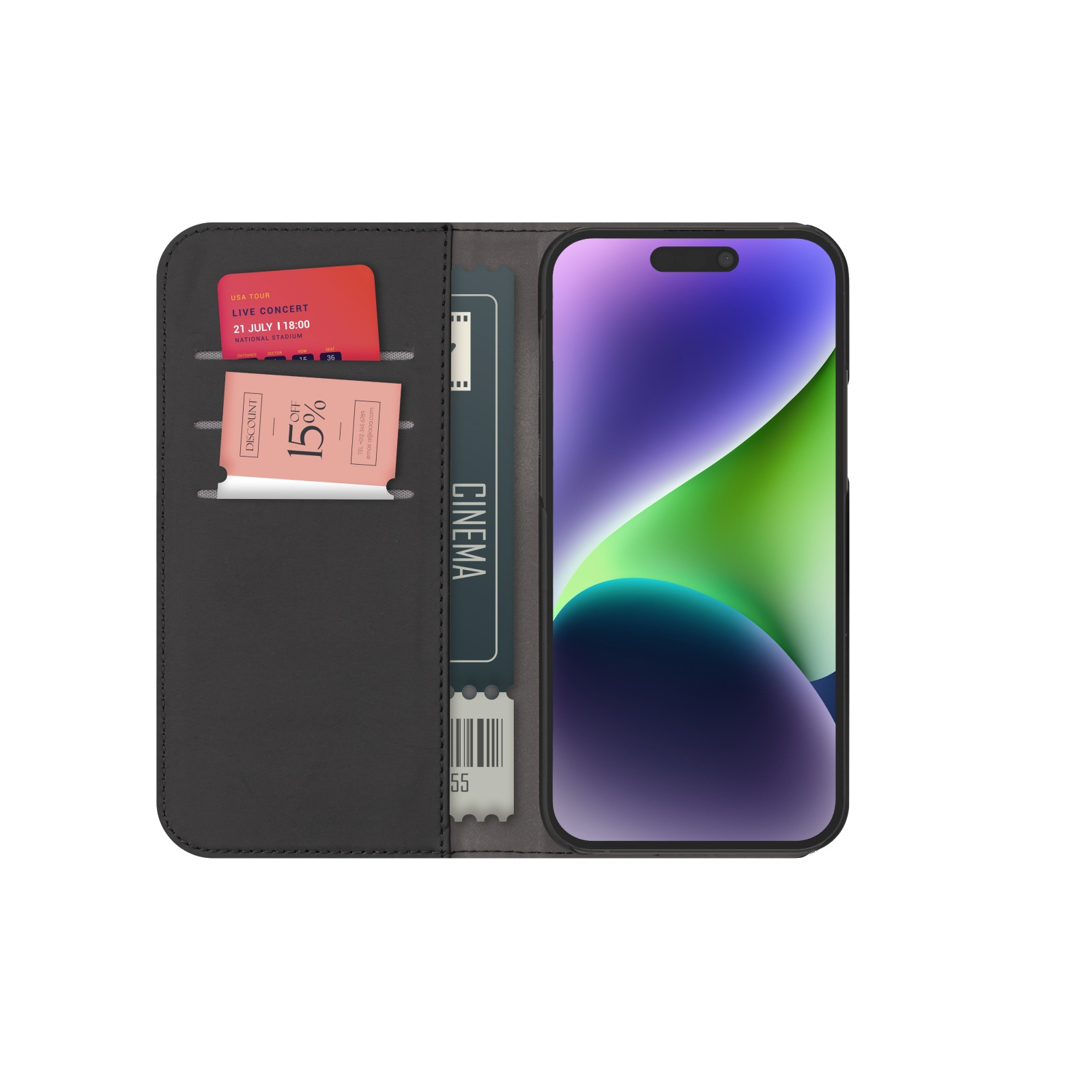 Custodia nera per telefono con iPhone, biglietto concerto, biglietto cinema e sconto.