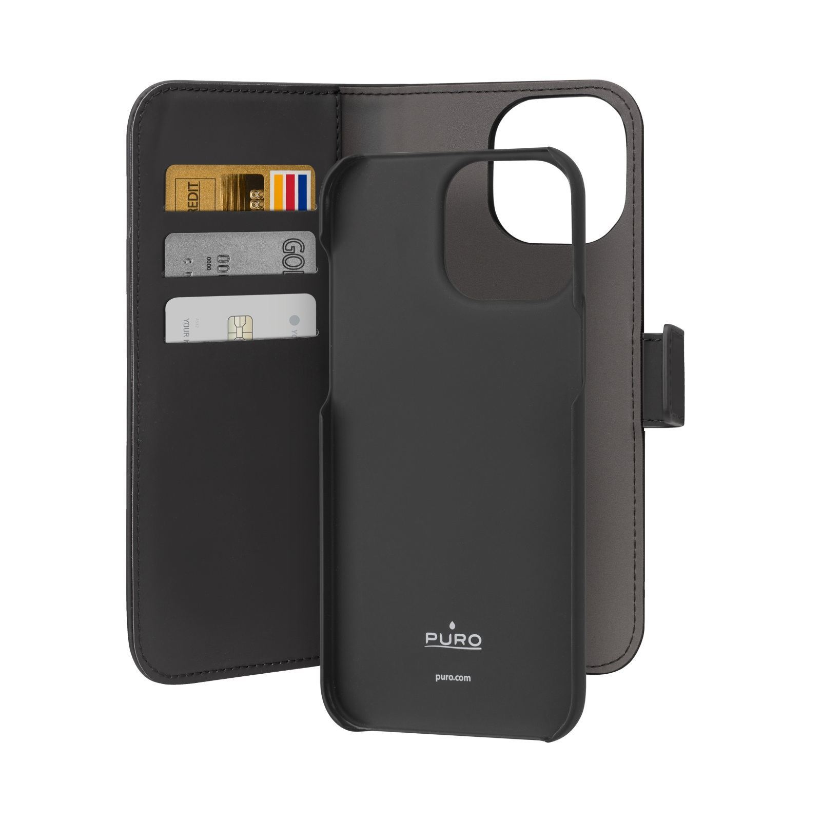 Custodia a portafoglio nera aperta, mostra carte di credito e SIM card.