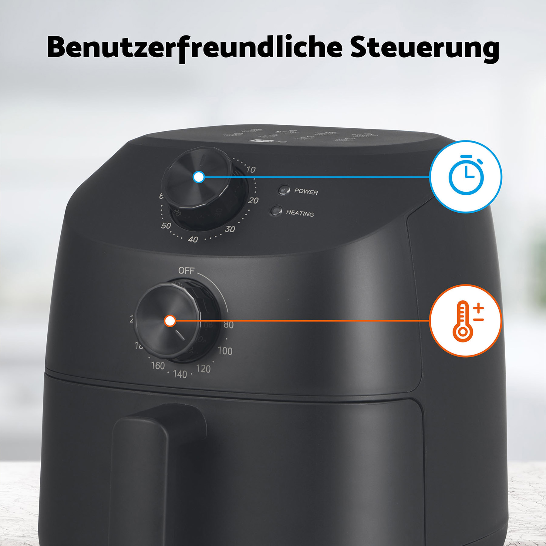 Schwarze Heißluftfritteuse mit Drehreglern für Zeit und Temperatur.