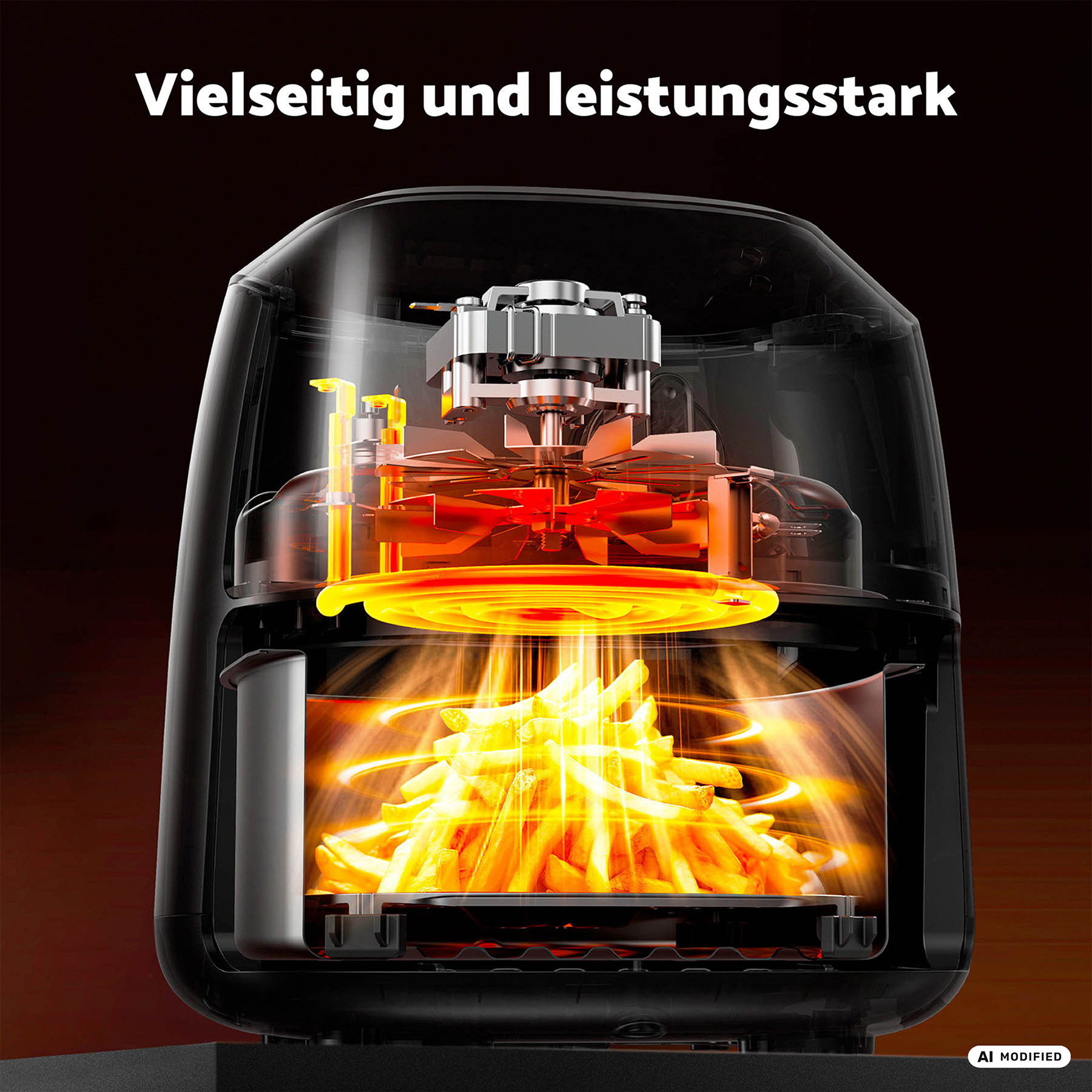 Schnittansicht eines Airfryers, der Pommes Frites zubereitet.