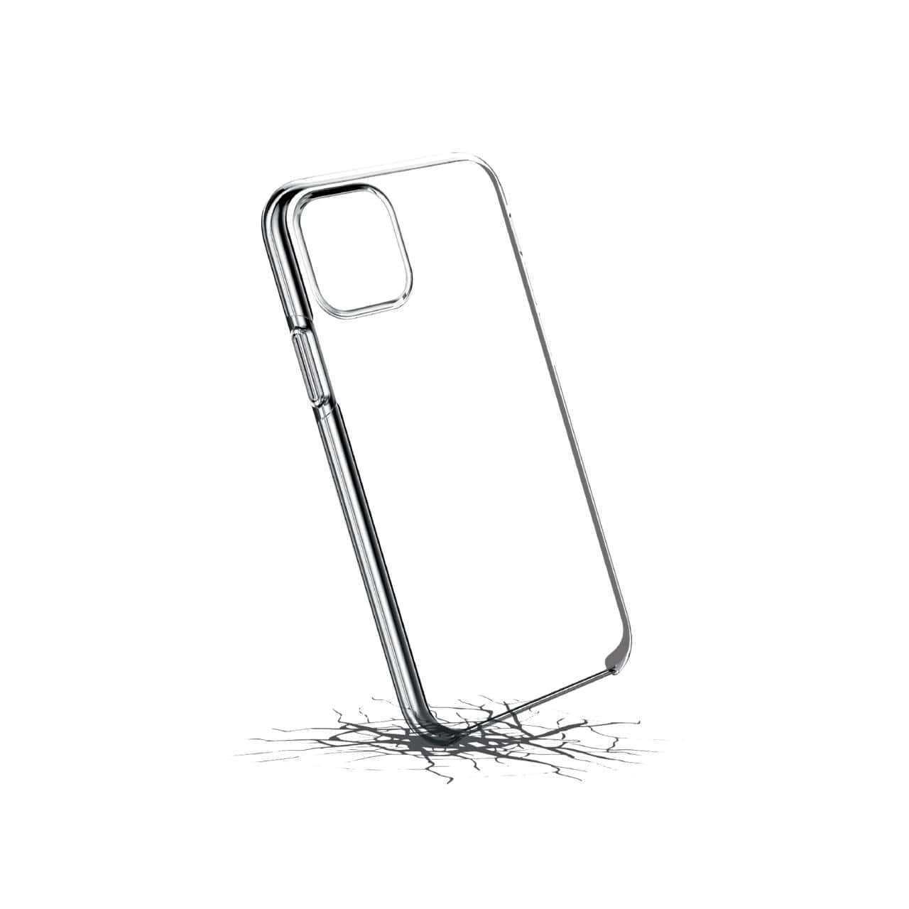 Funda de teléfono transparente rompiendo una superficie blanca.
