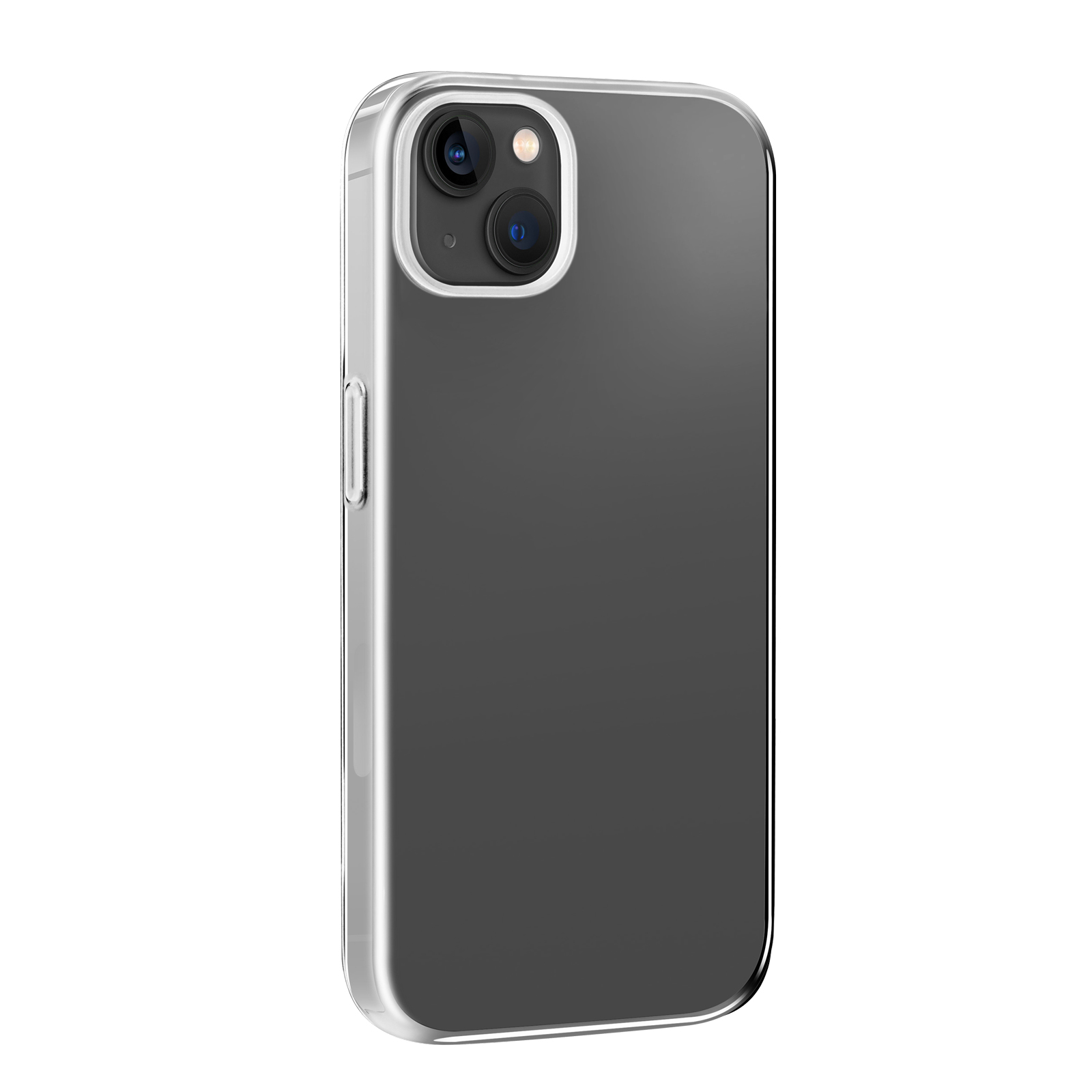 Una funda de teléfono oscura y transparente con dos cámaras en la parte trasera.