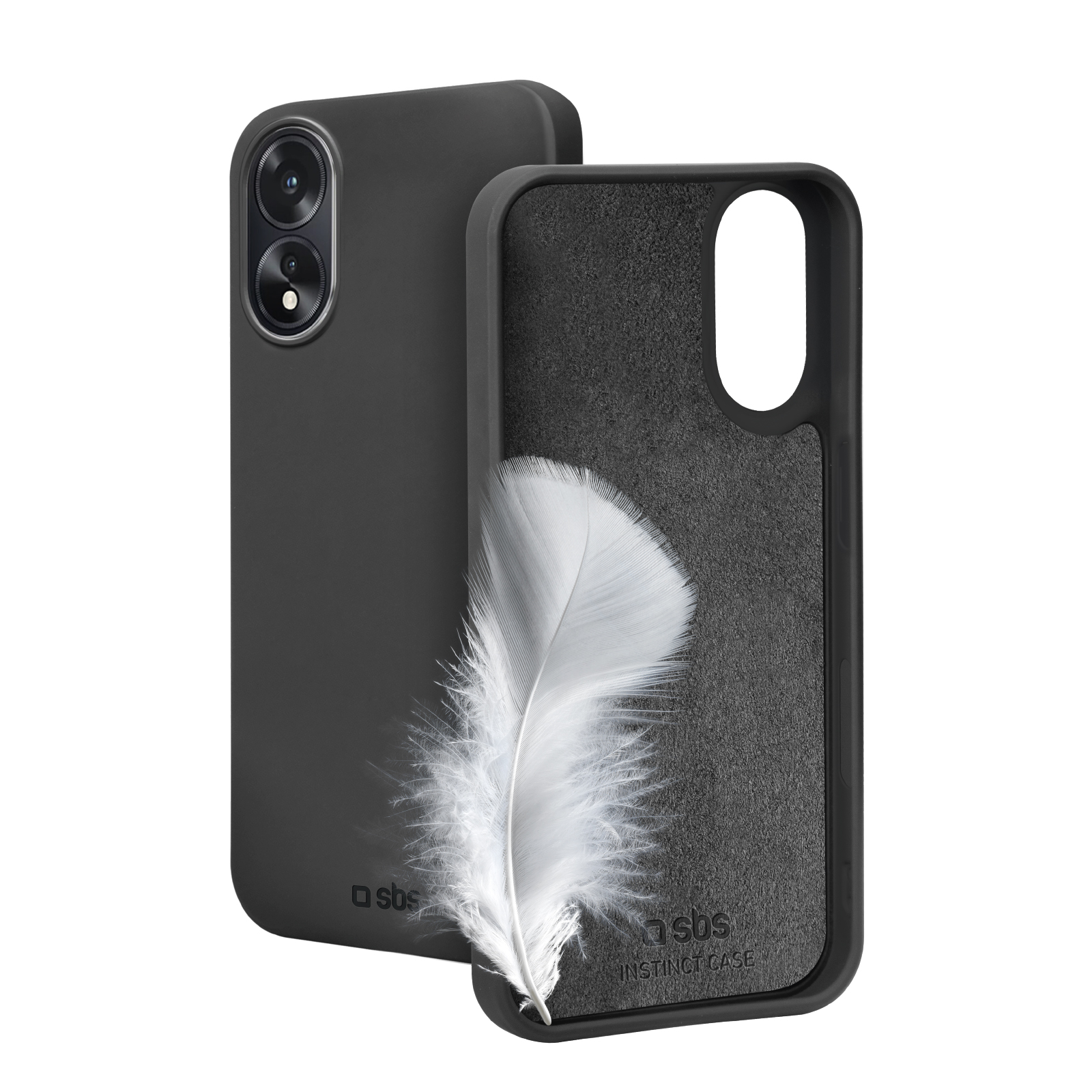 Funda de teléfono negra con pluma blanca en el interior.